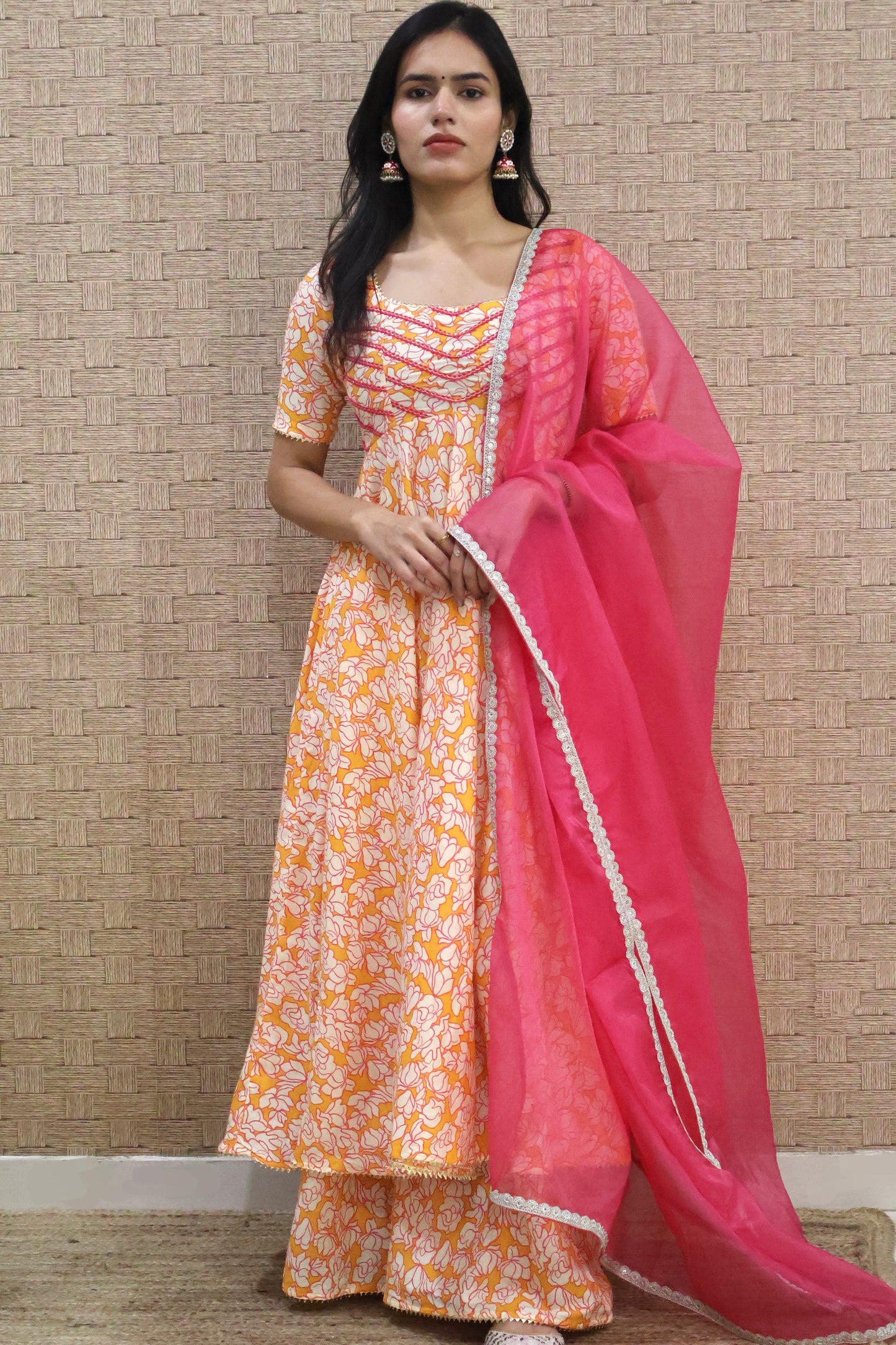 Orange Cotton Printed Anarkali Set