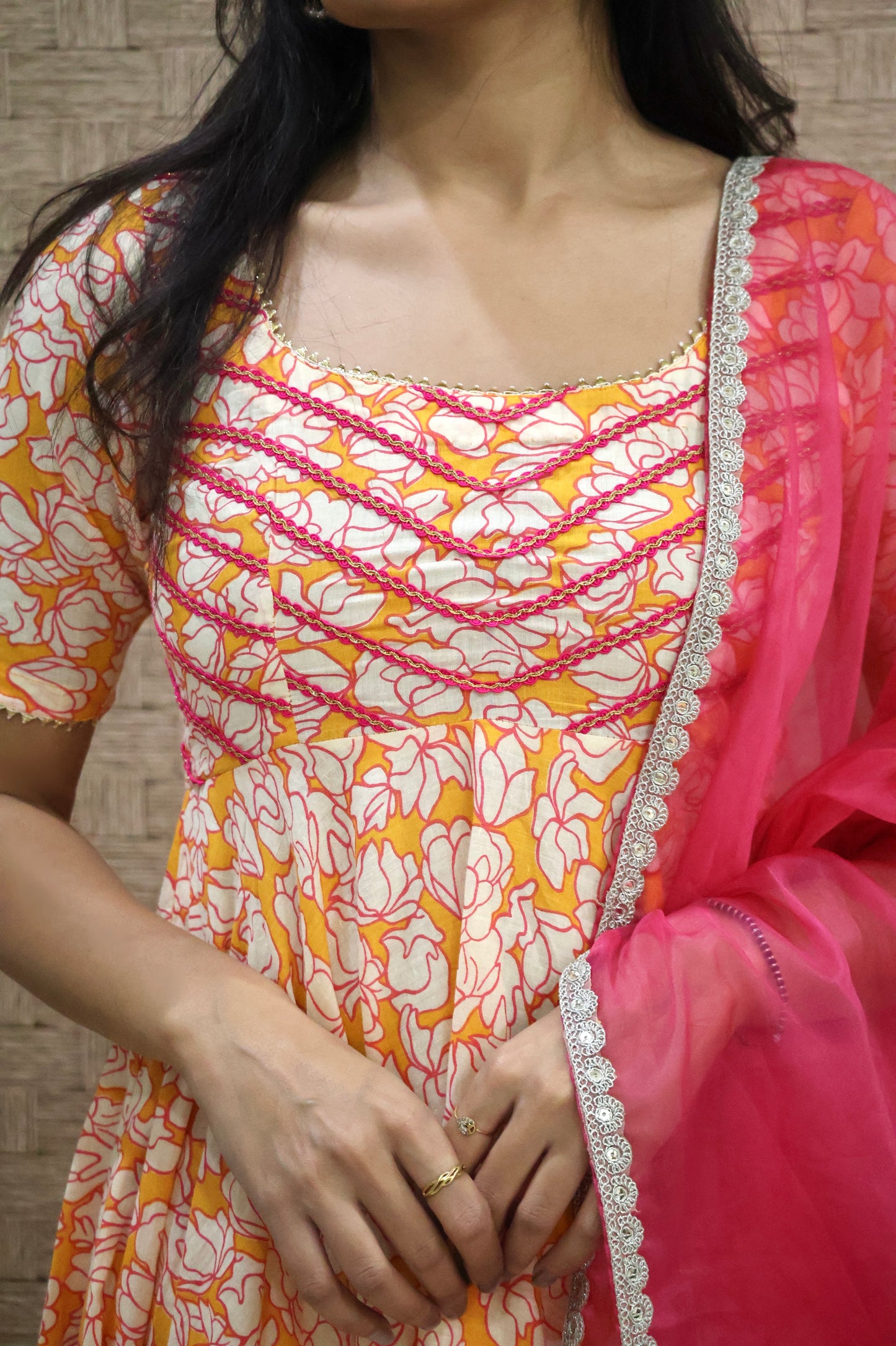 Orange Cotton Printed Anarkali Set
