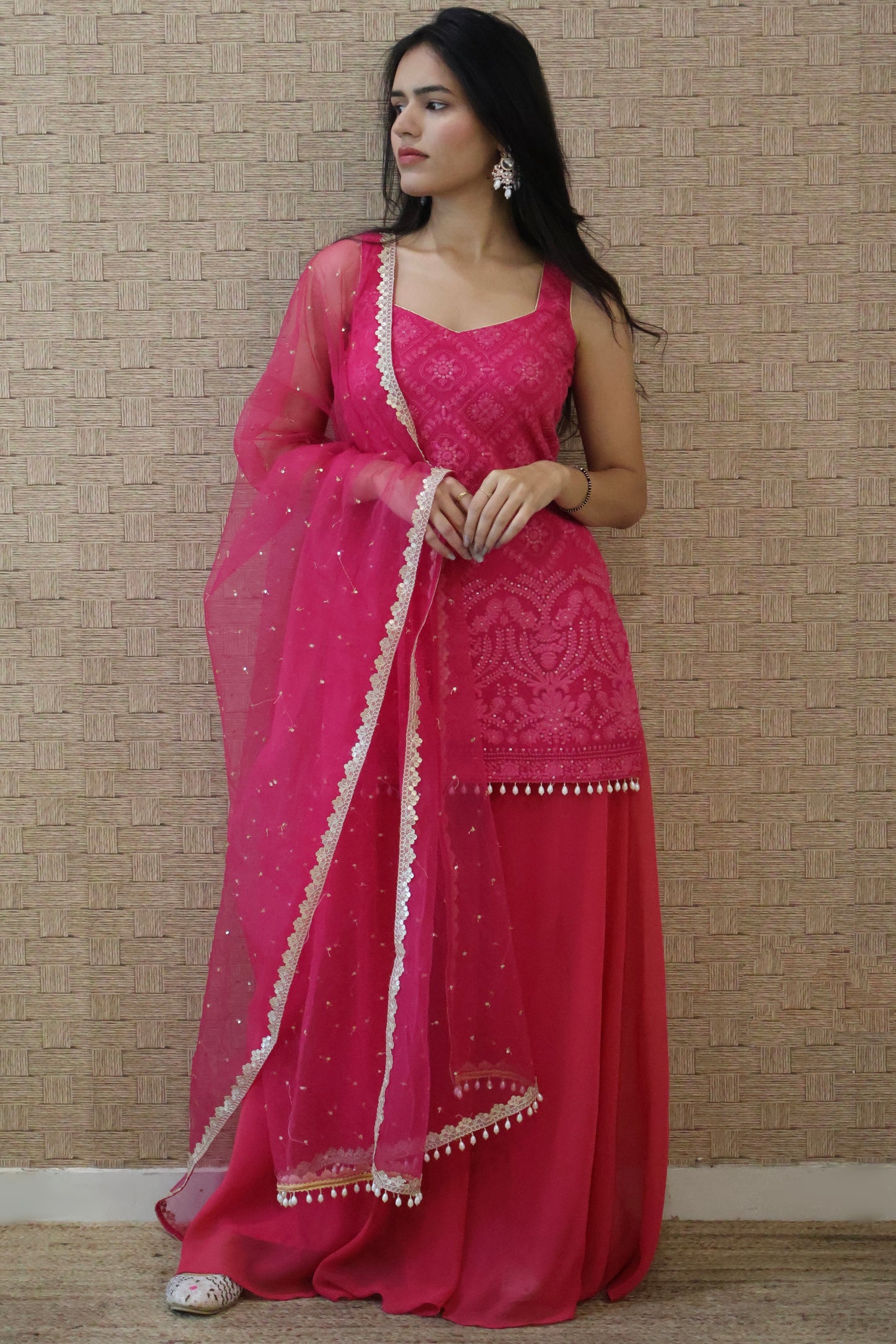 Pink Embroidered Georgette Kurta and Sharara Set