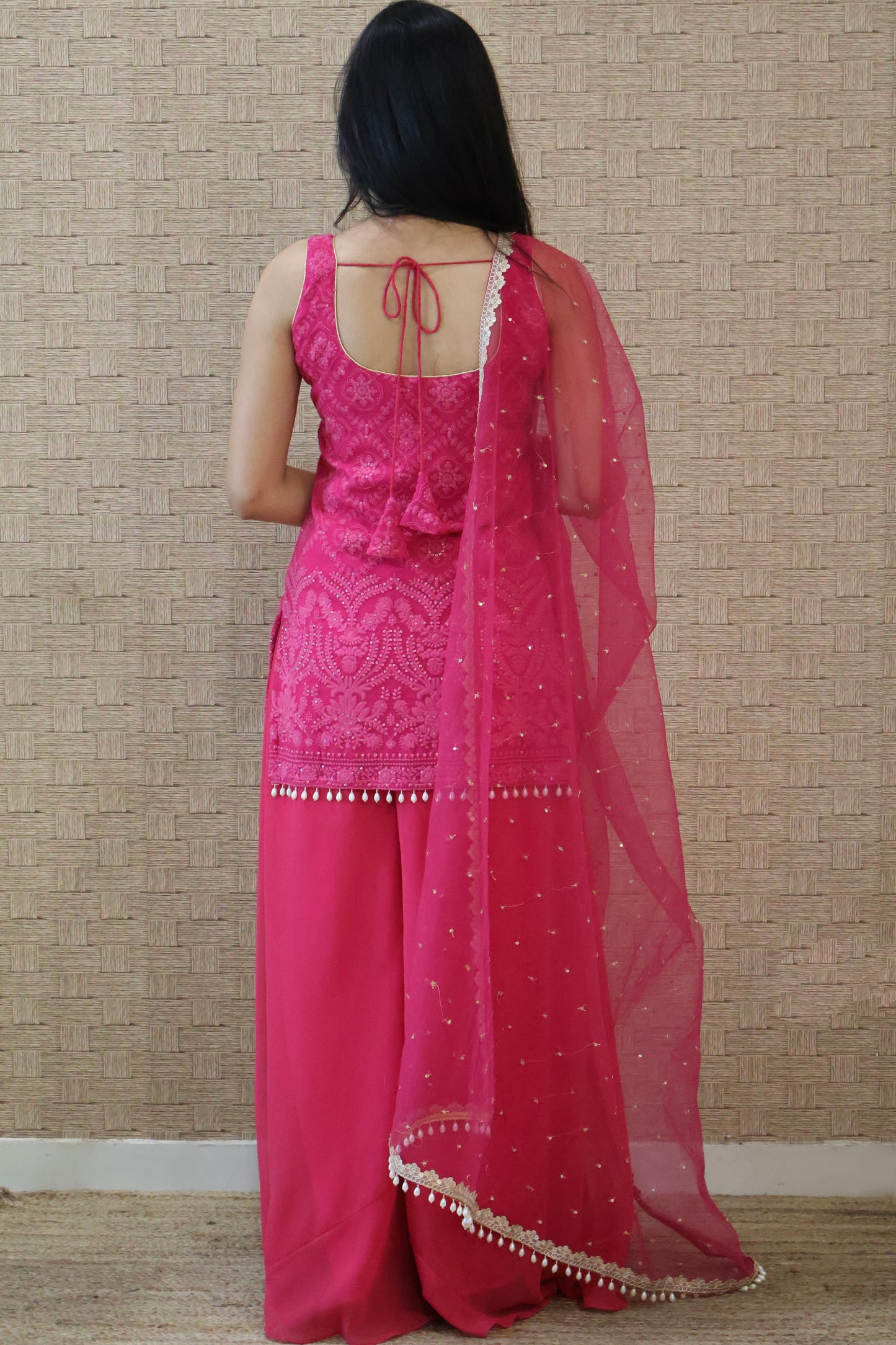 Pink Embroidered Georgette Kurta and Sharara Set