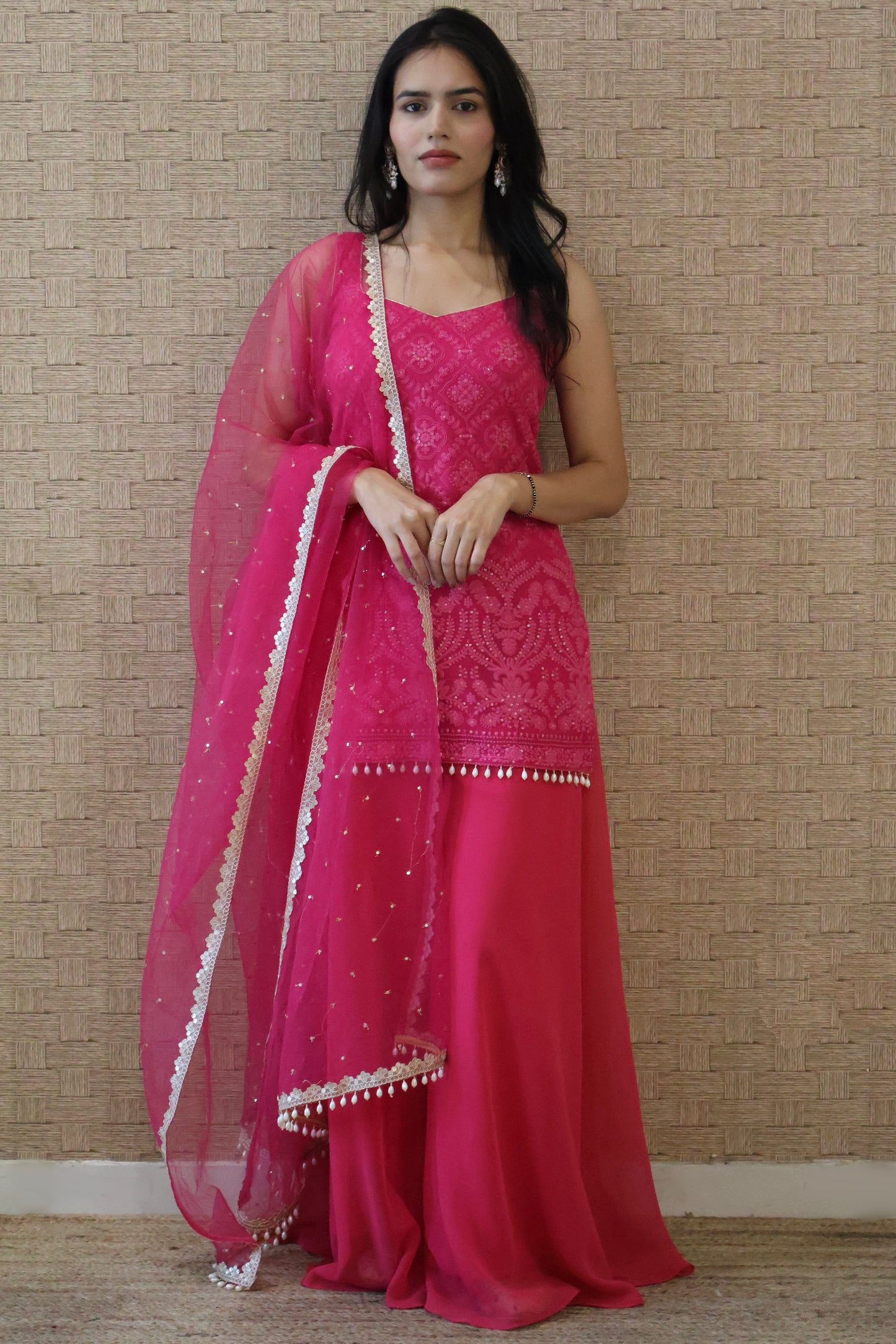 Pink Embroidered Georgette Kurta and Sharara Set