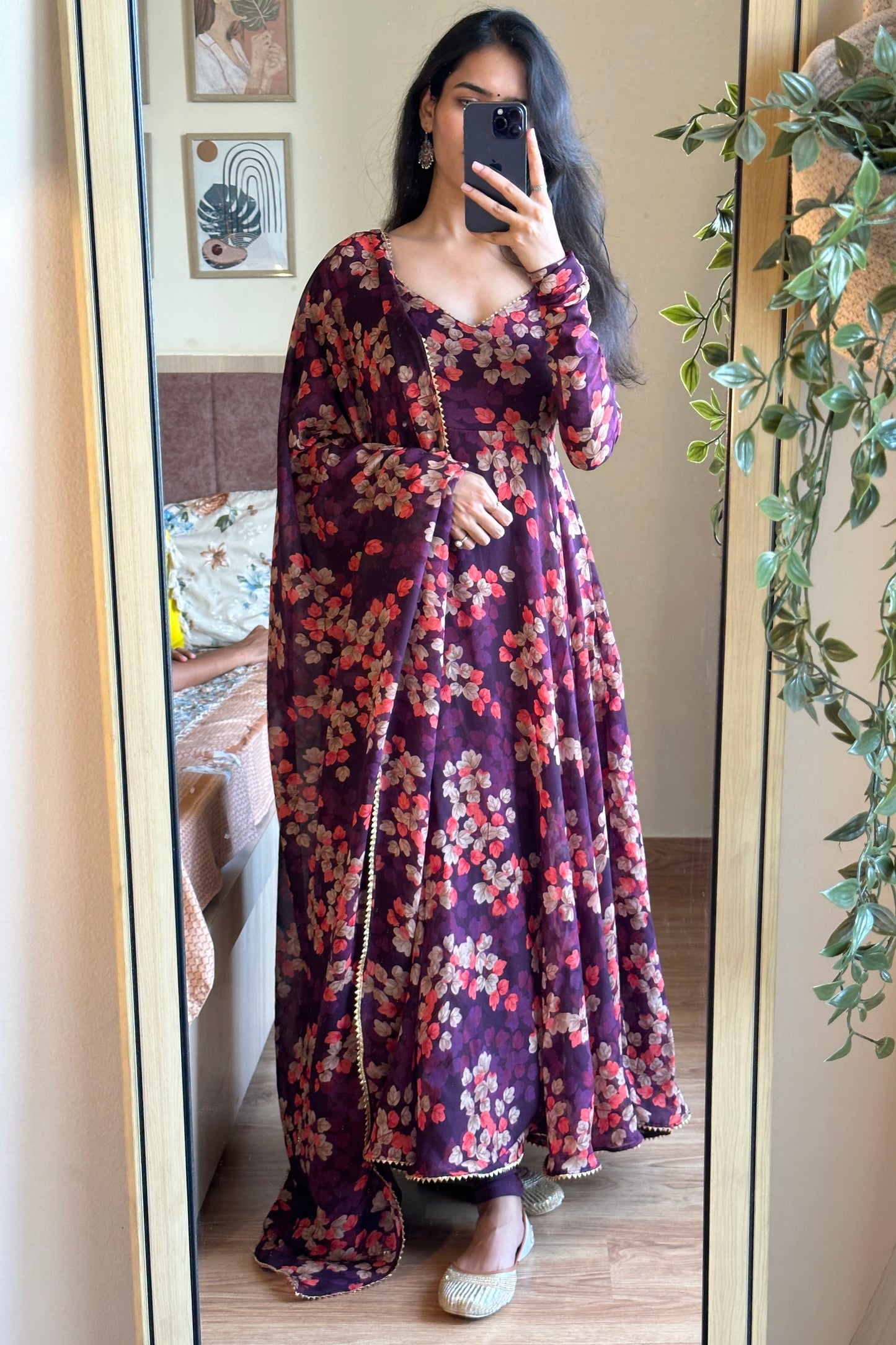 Wine Printed Georgette Anarkali Set