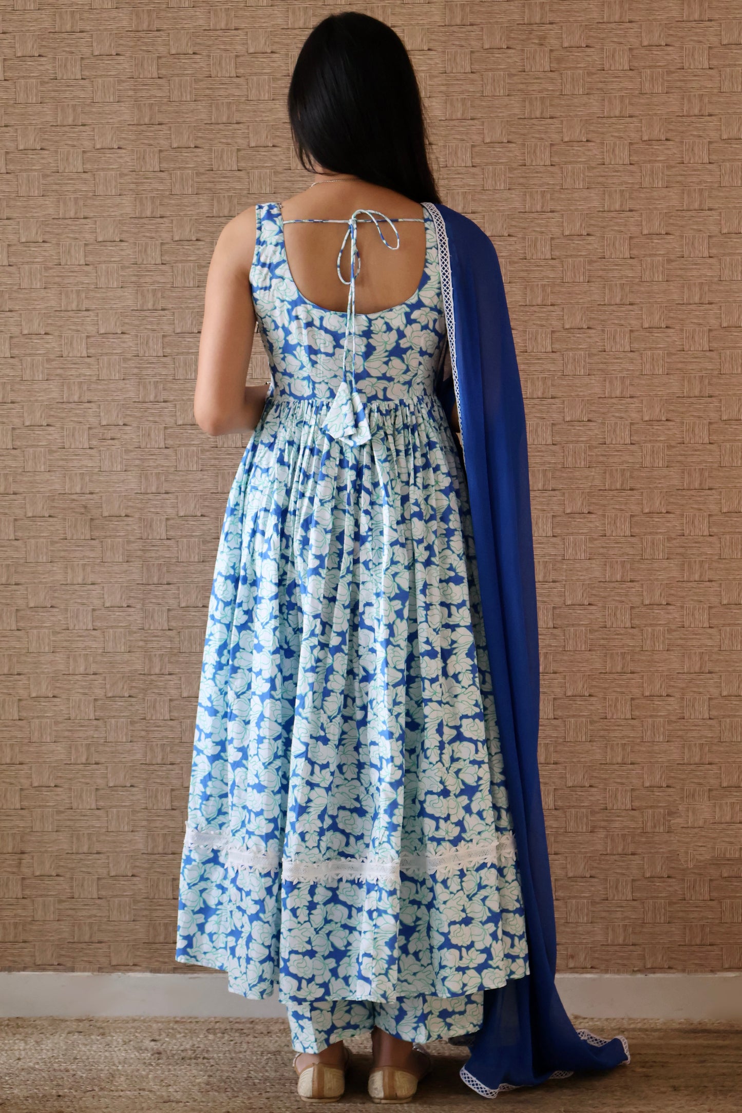 Blue and White Cotton Printed Anarkali Set