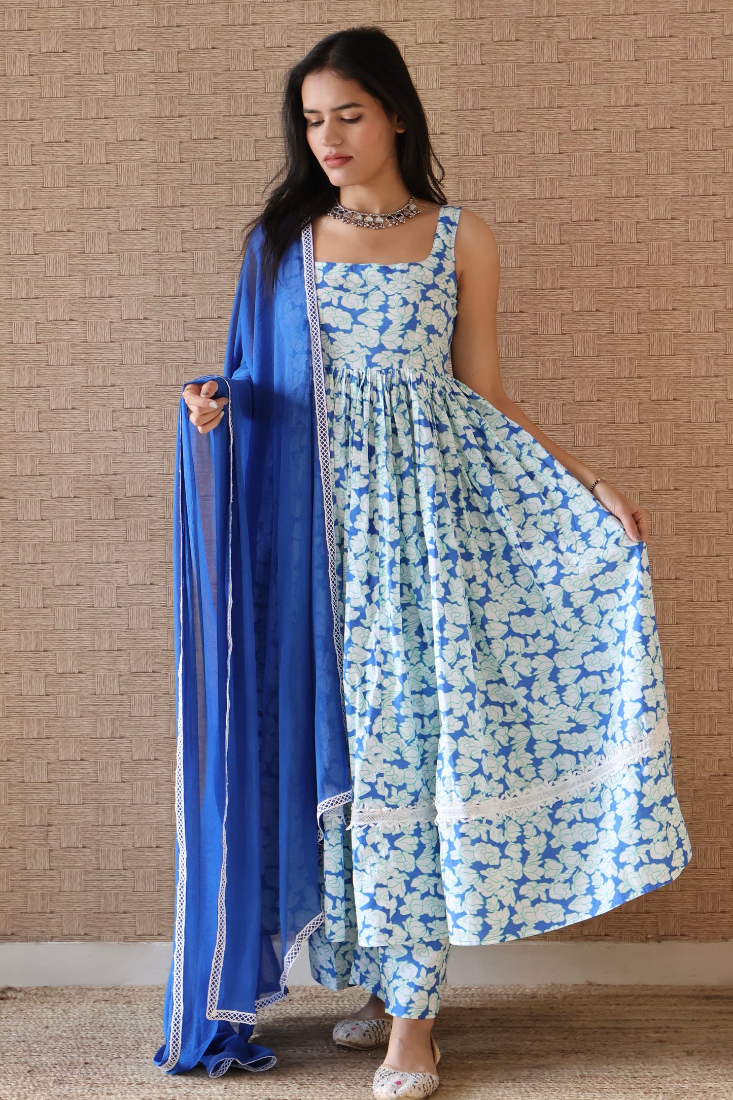 Blue and White Cotton Printed Anarkali Set