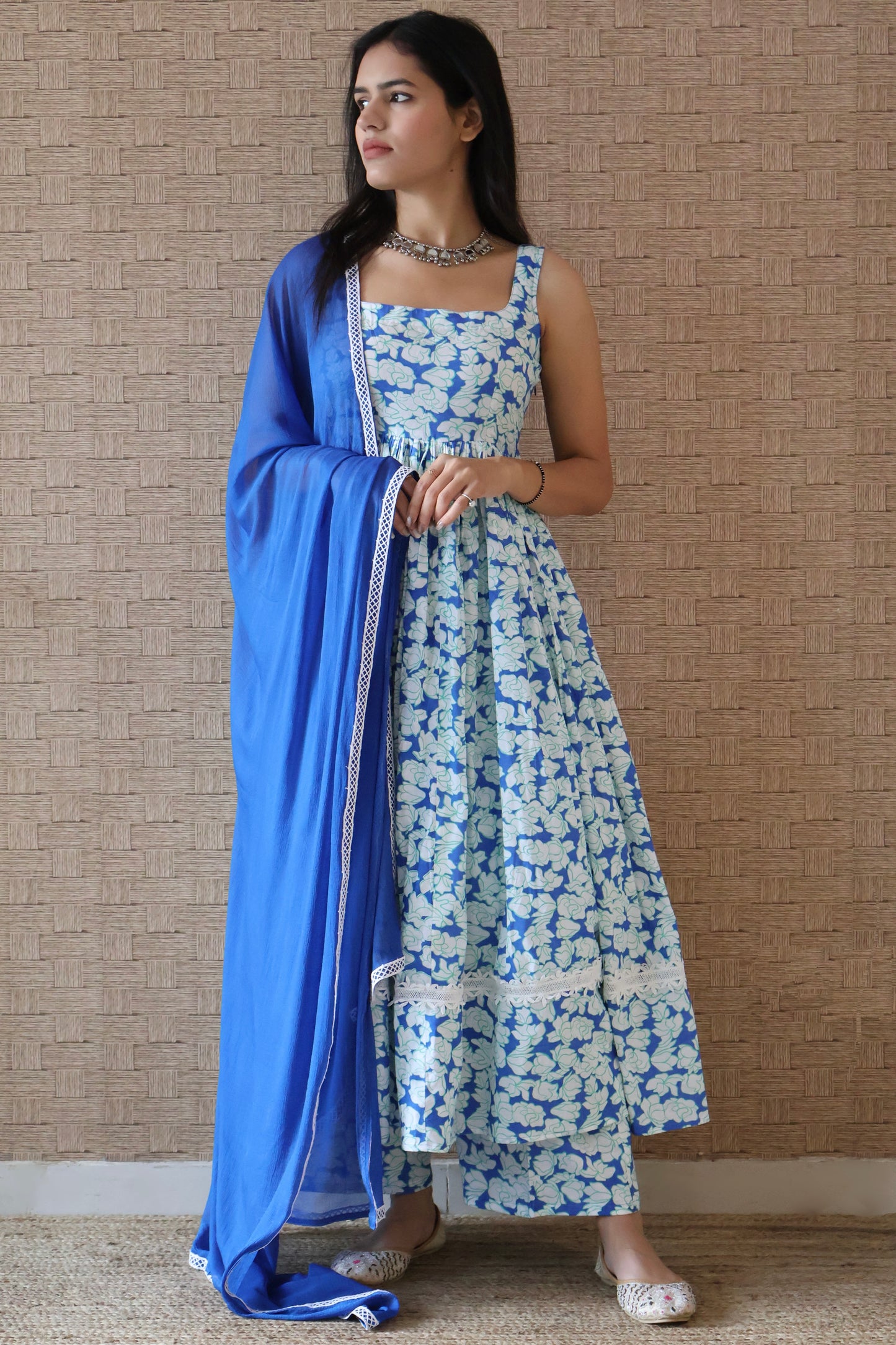 Blue and White Cotton Printed Anarkali Set