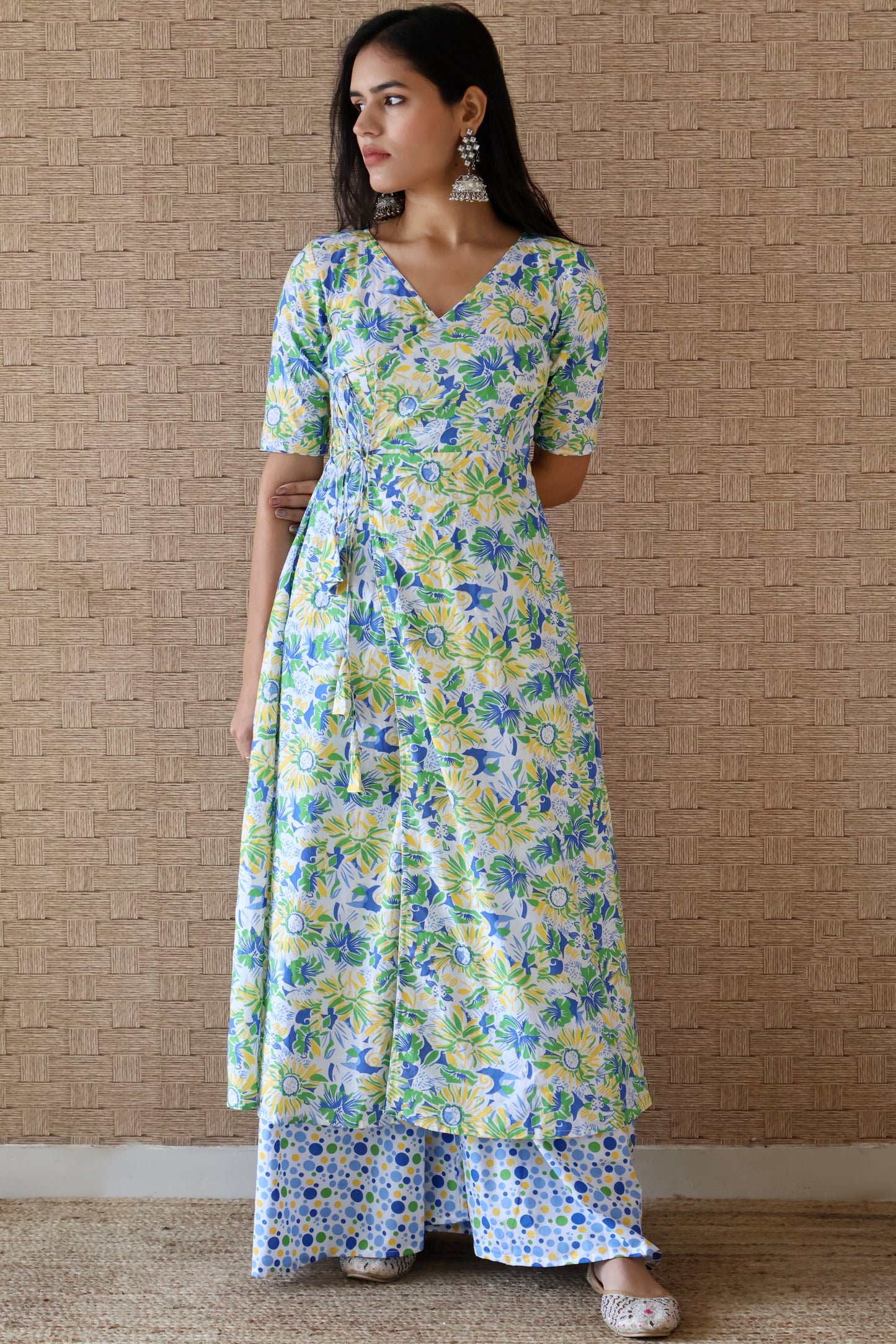 White Cotton Printed Angrakha Set