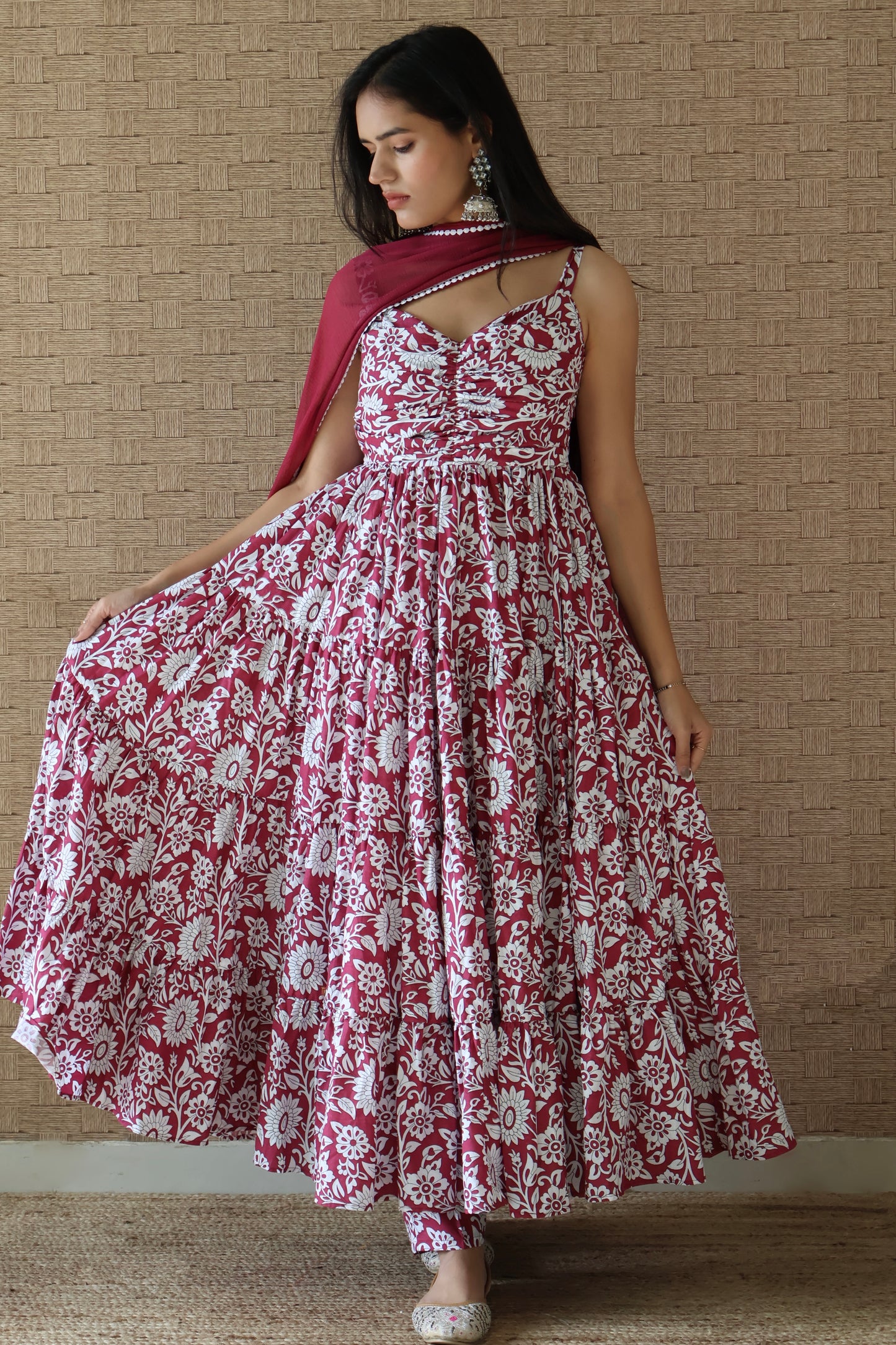 Maroon Cotton Tiered Anarkali Set