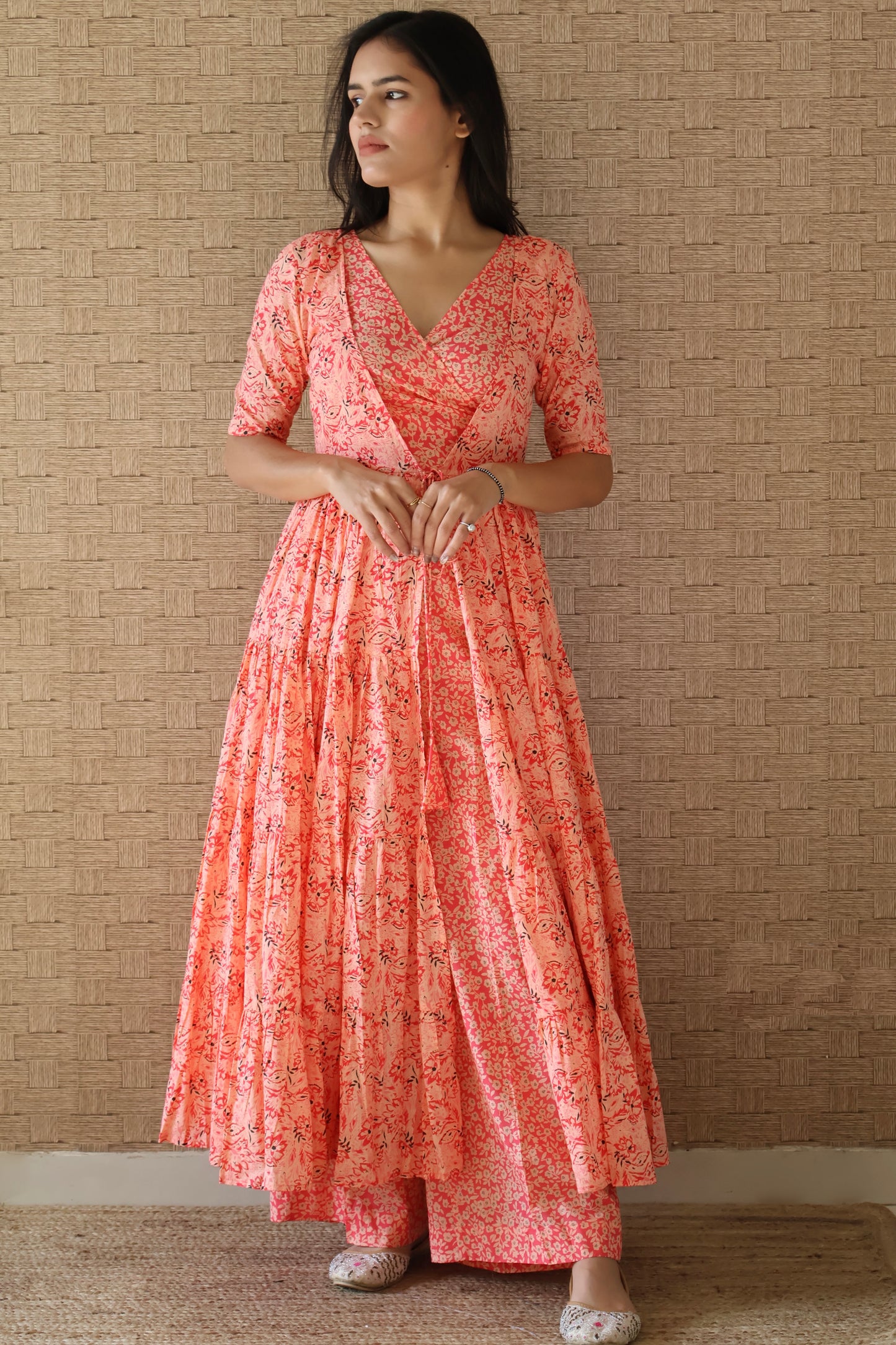 Peach Cotton Printed Shrug Set