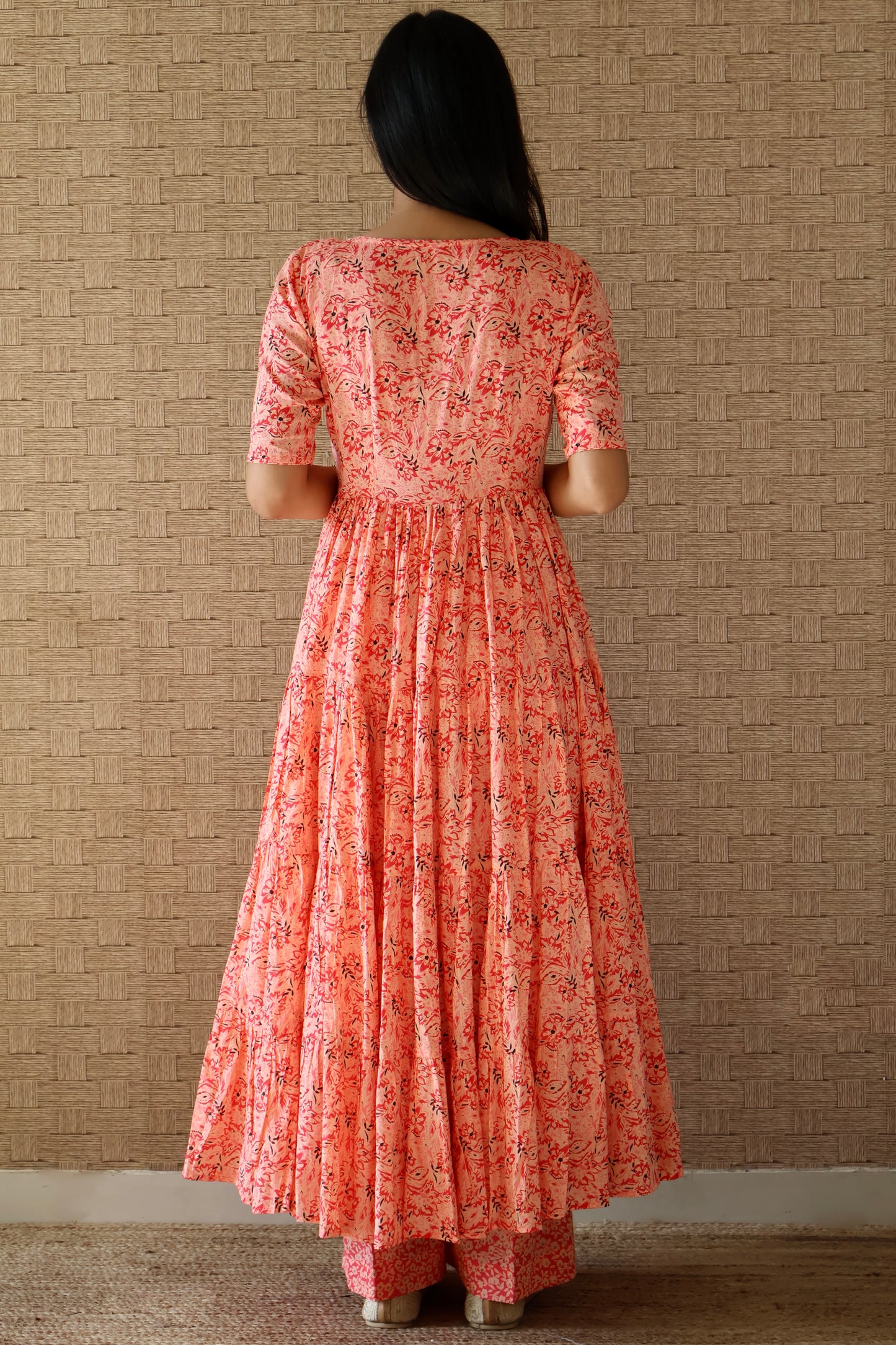 Peach Cotton Printed Shrug Set