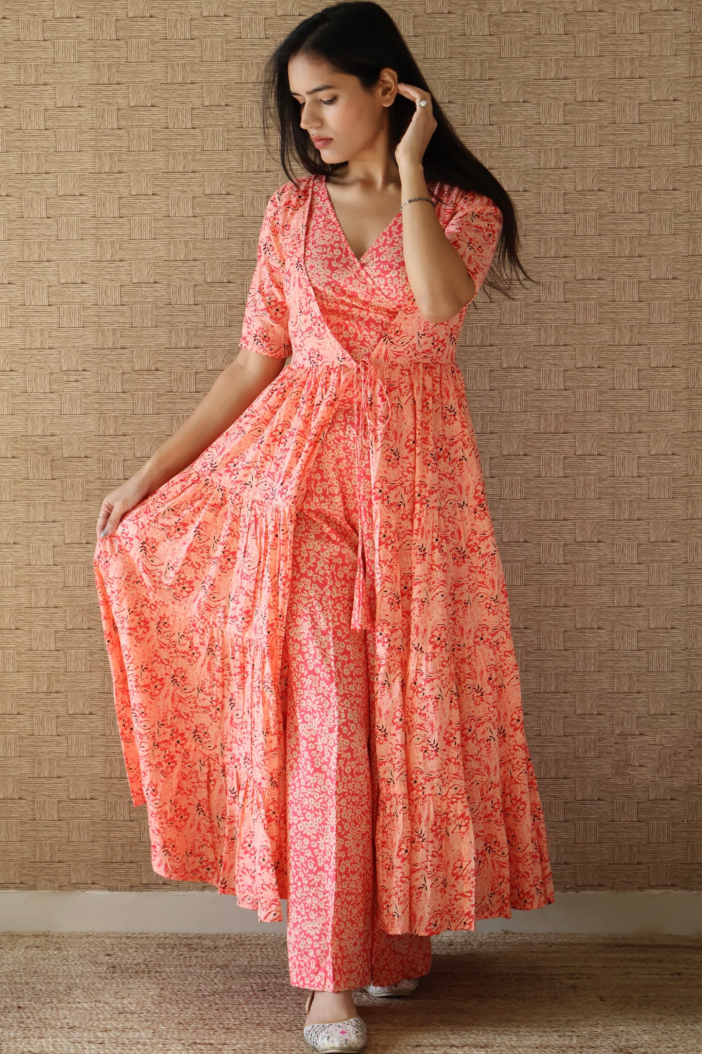 Peach Cotton Printed Shrug Set