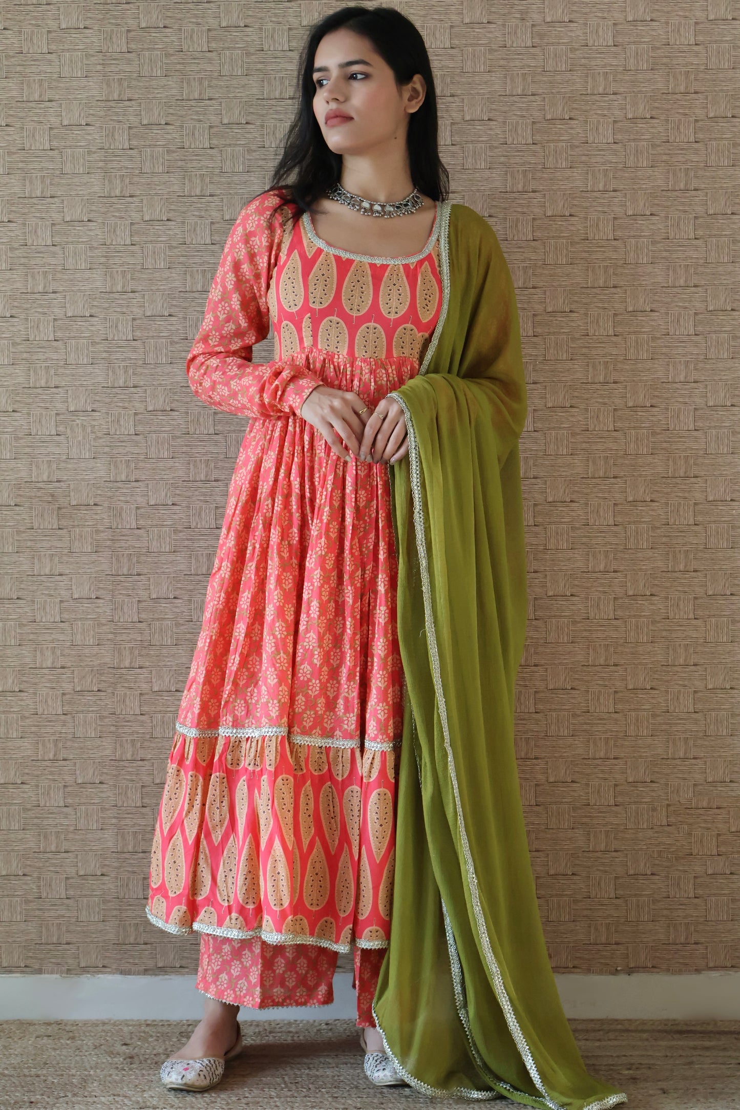 Dark Coral Cotton Printed Anarkali Set