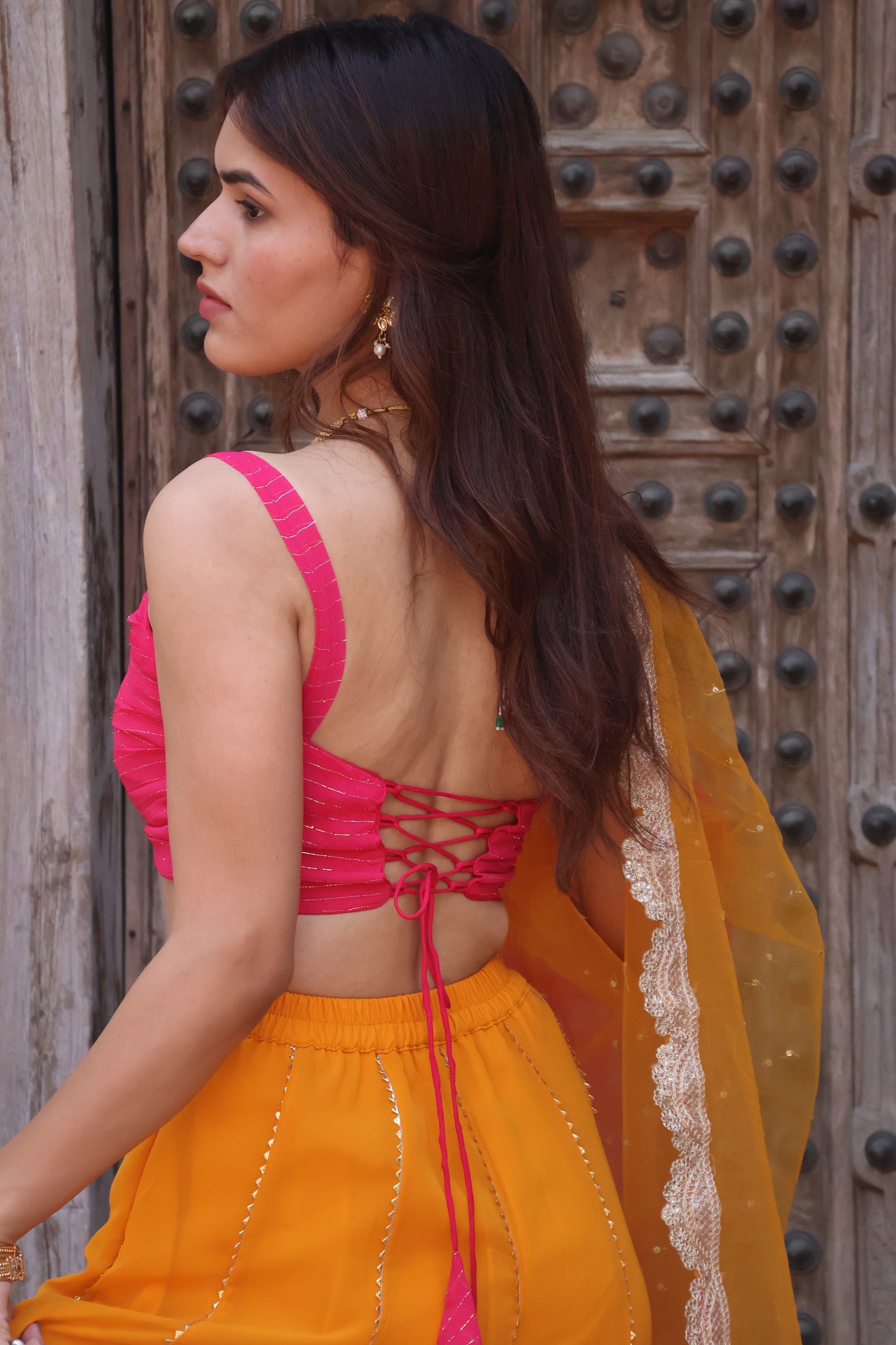 Mustard Yellow and Pink Georgette Lehenga Set