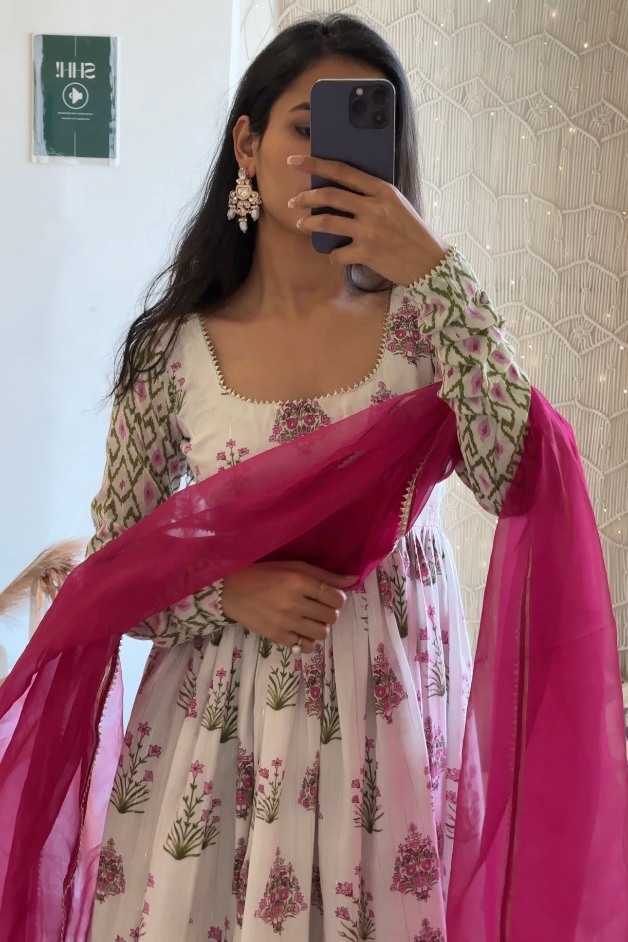 White Lurex Cotton Anarkali Set