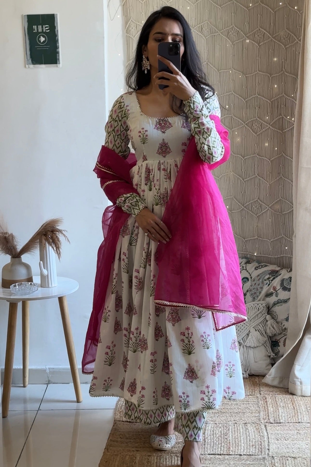 White Lurex Cotton Anarkali Set