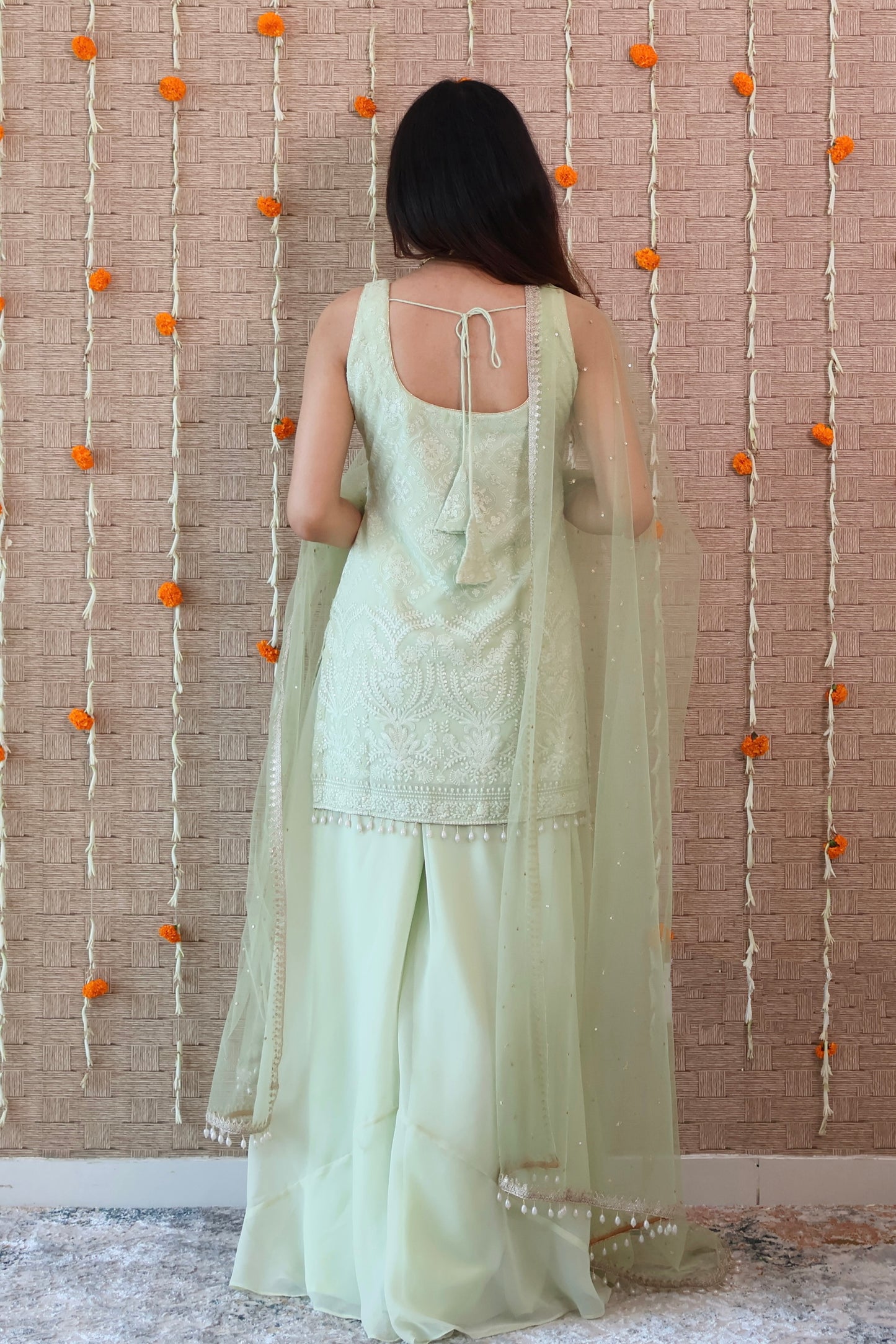 Pastel Green Embroidered Georgette Sharara Set