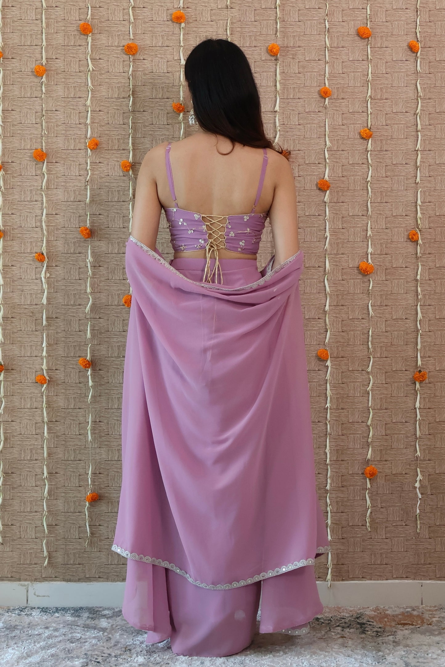 Pastel Purple Georgette Draped Skirt Set