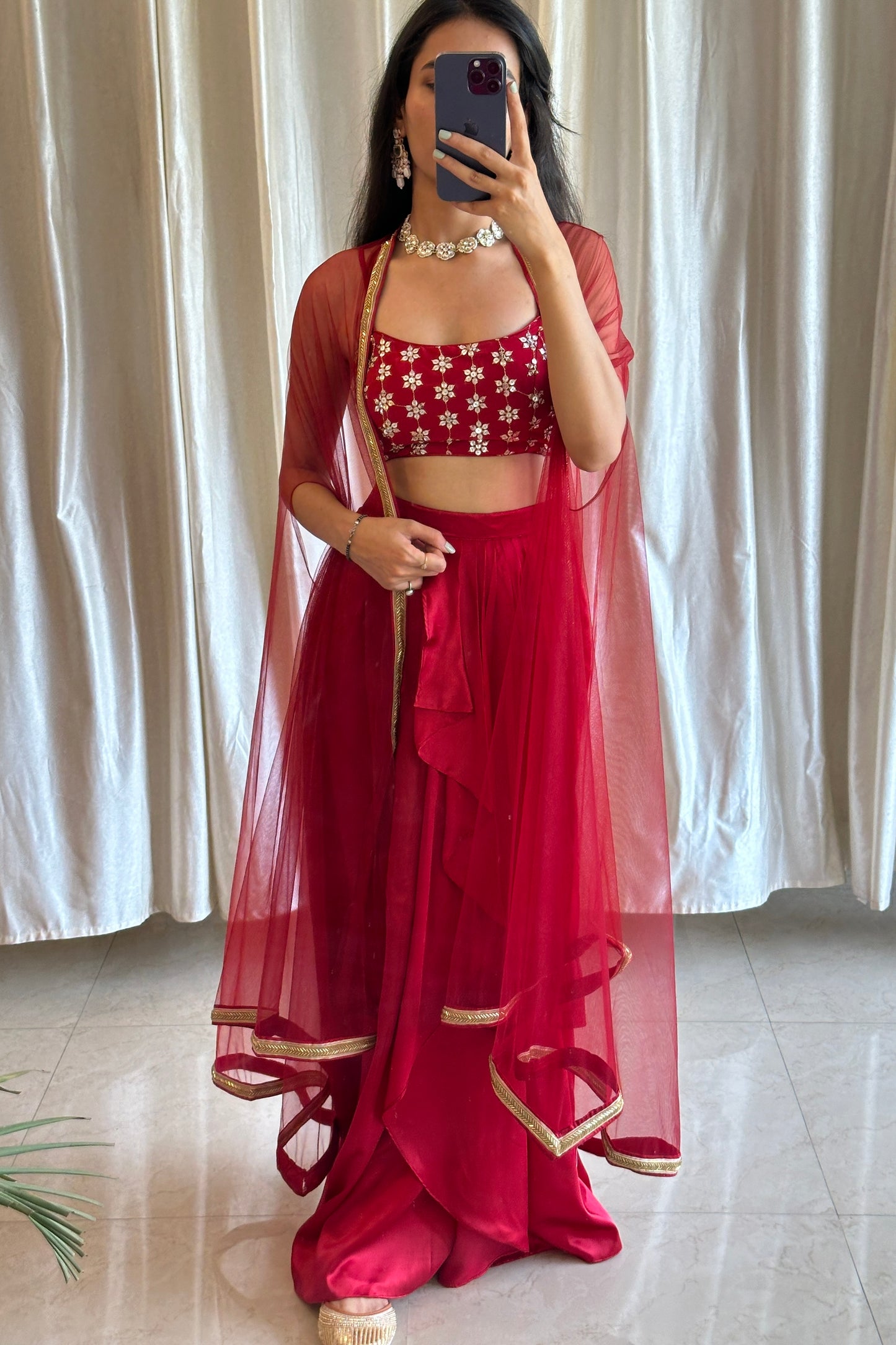 Maroon Satin Draped Skirt Set
