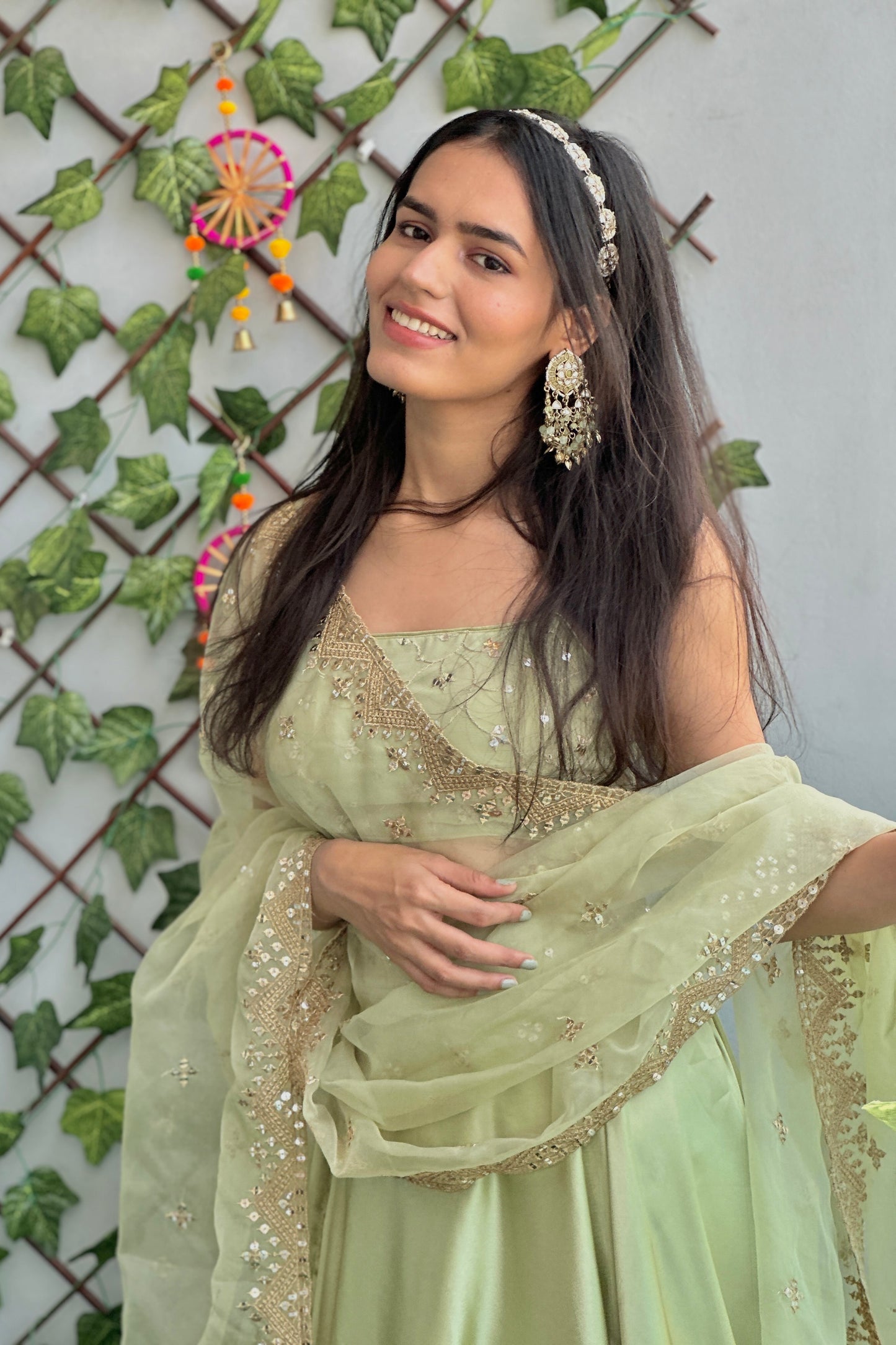 Pista Green Satin Lehenga Set