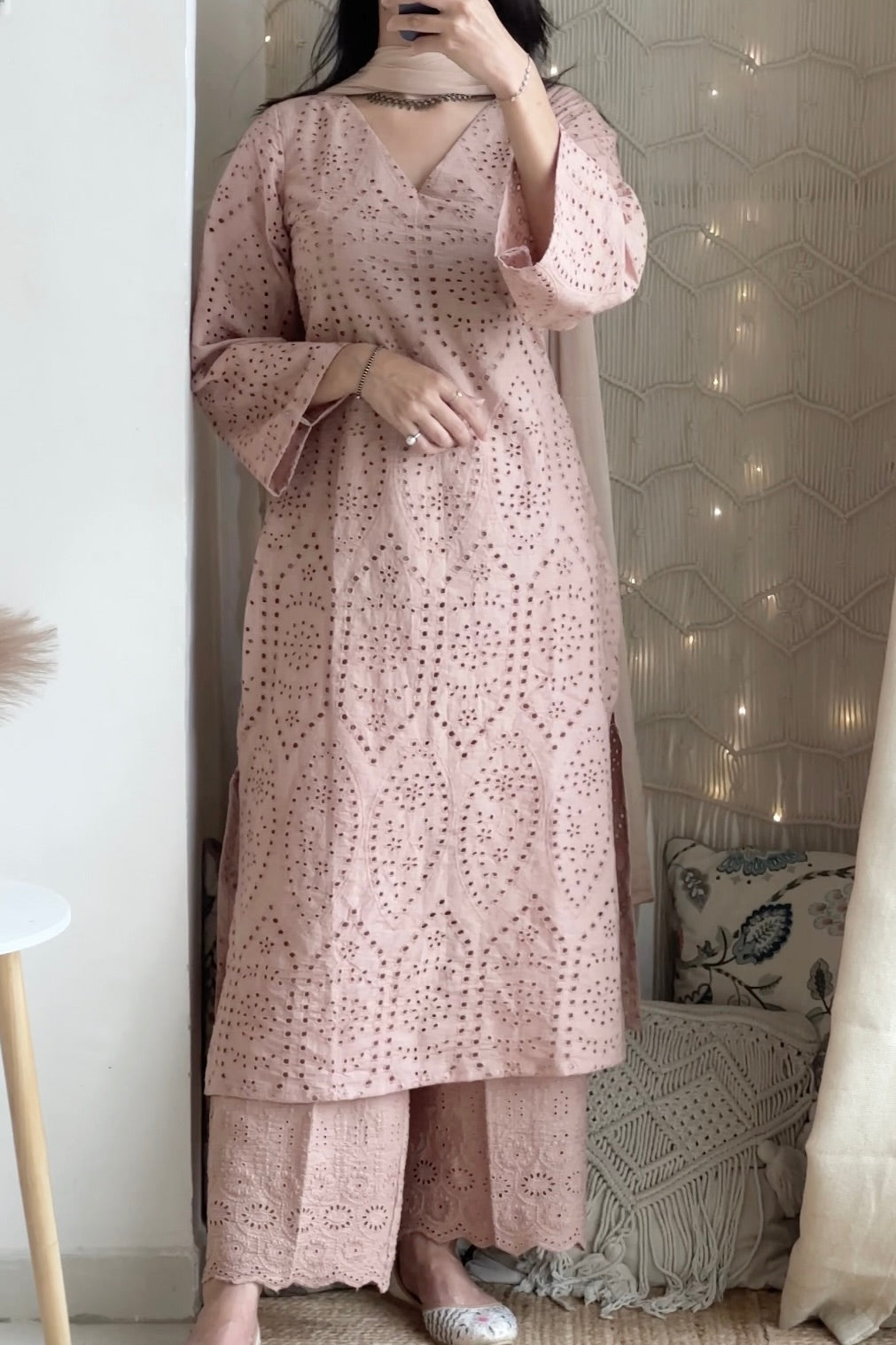 Dust Pink Cutwork Eyelet Kurta Set