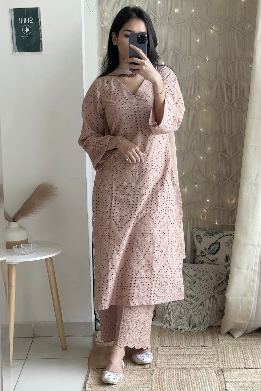 Dust Pink Cutwork Eyelet Kurta Set