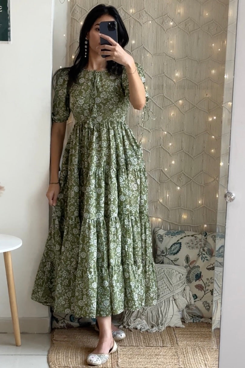 Green Cotton Tiered Dress