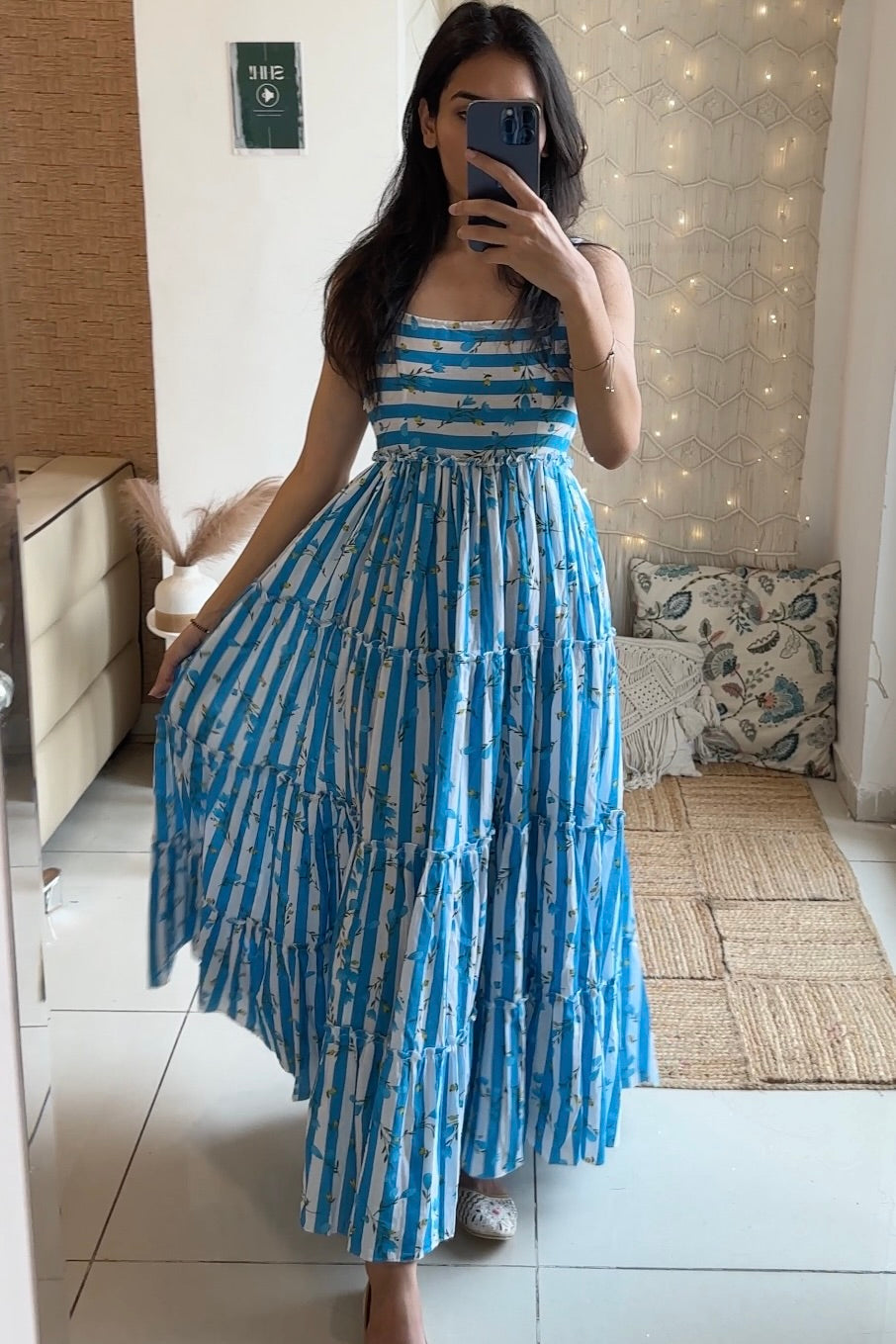Blue Striped Cotton Tiered Dress