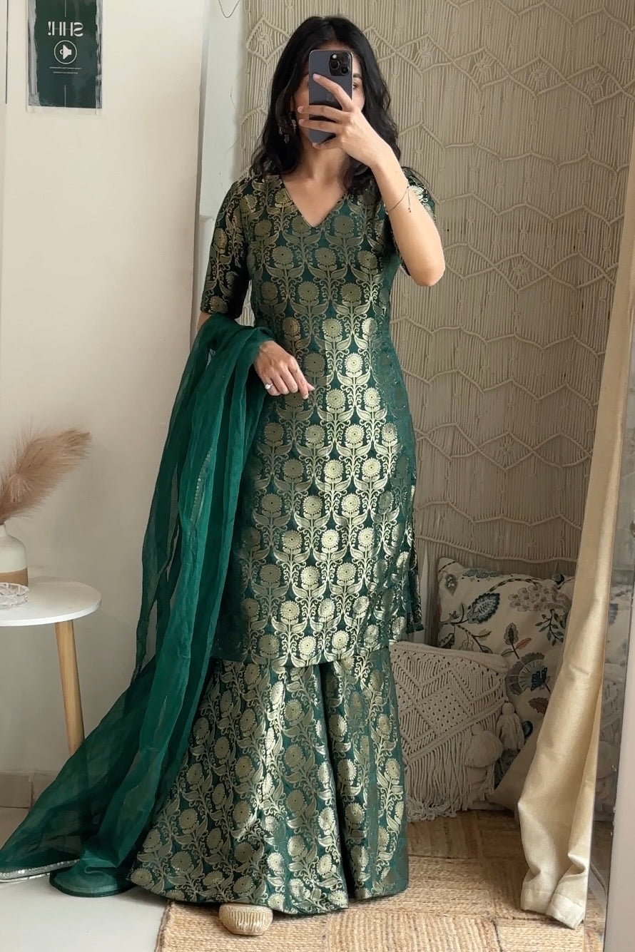 Green Brocade Sharara Set SuYu by Yukti Green Brocade Sharara Set SuYu by Yukti