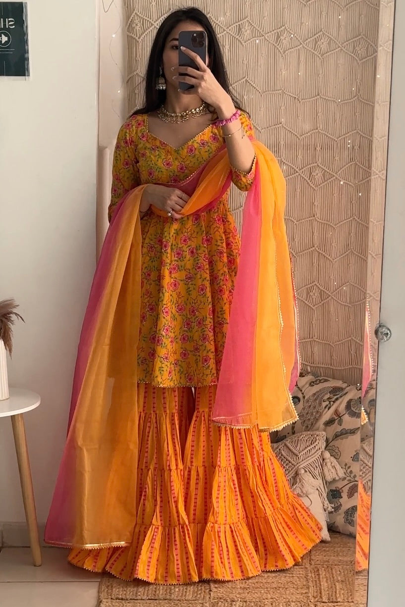 Yellow Floral Cotton Sharara Set
