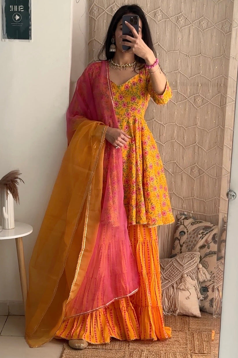 Yellow Floral Cotton Sharara Set