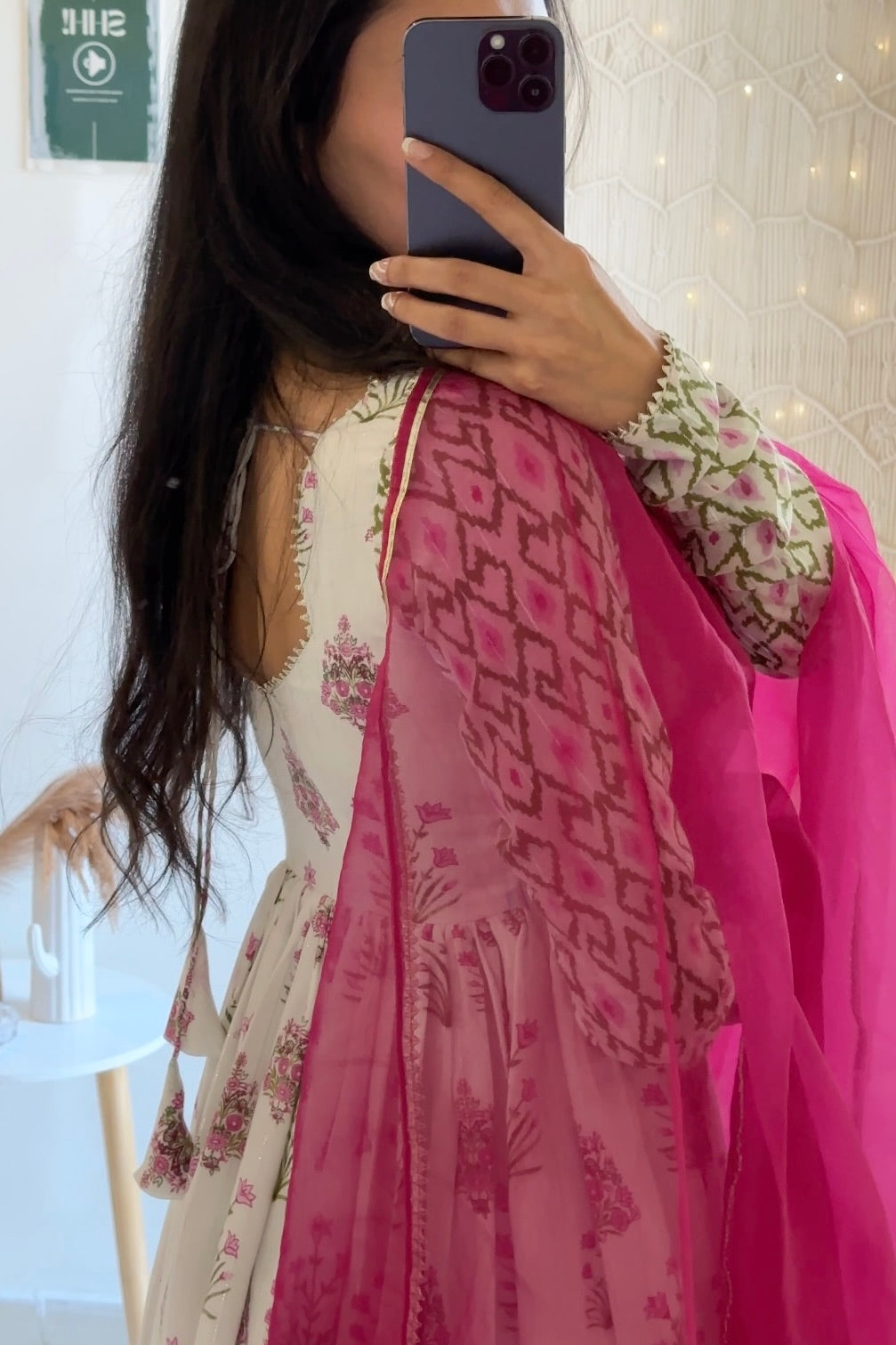 White Lurex Cotton Anarkali Set