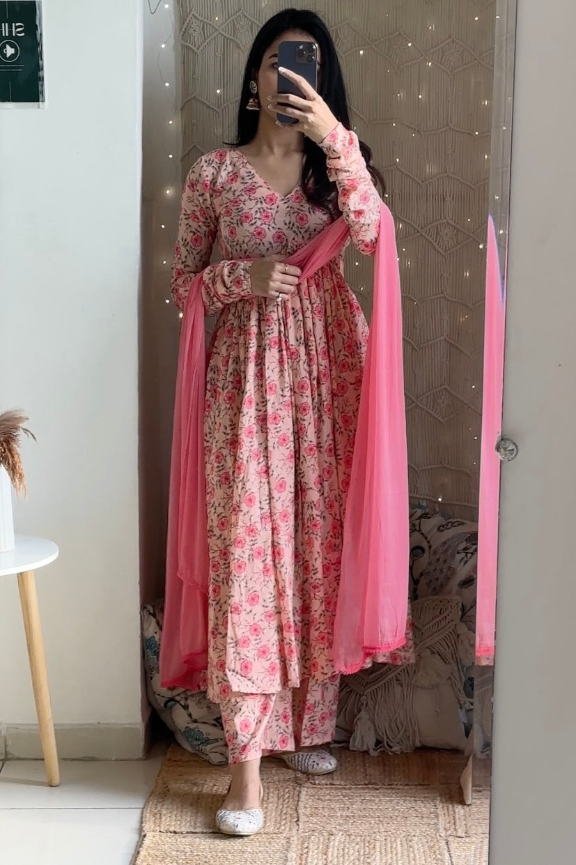 Pink Rose Cotton Anarkali Set
