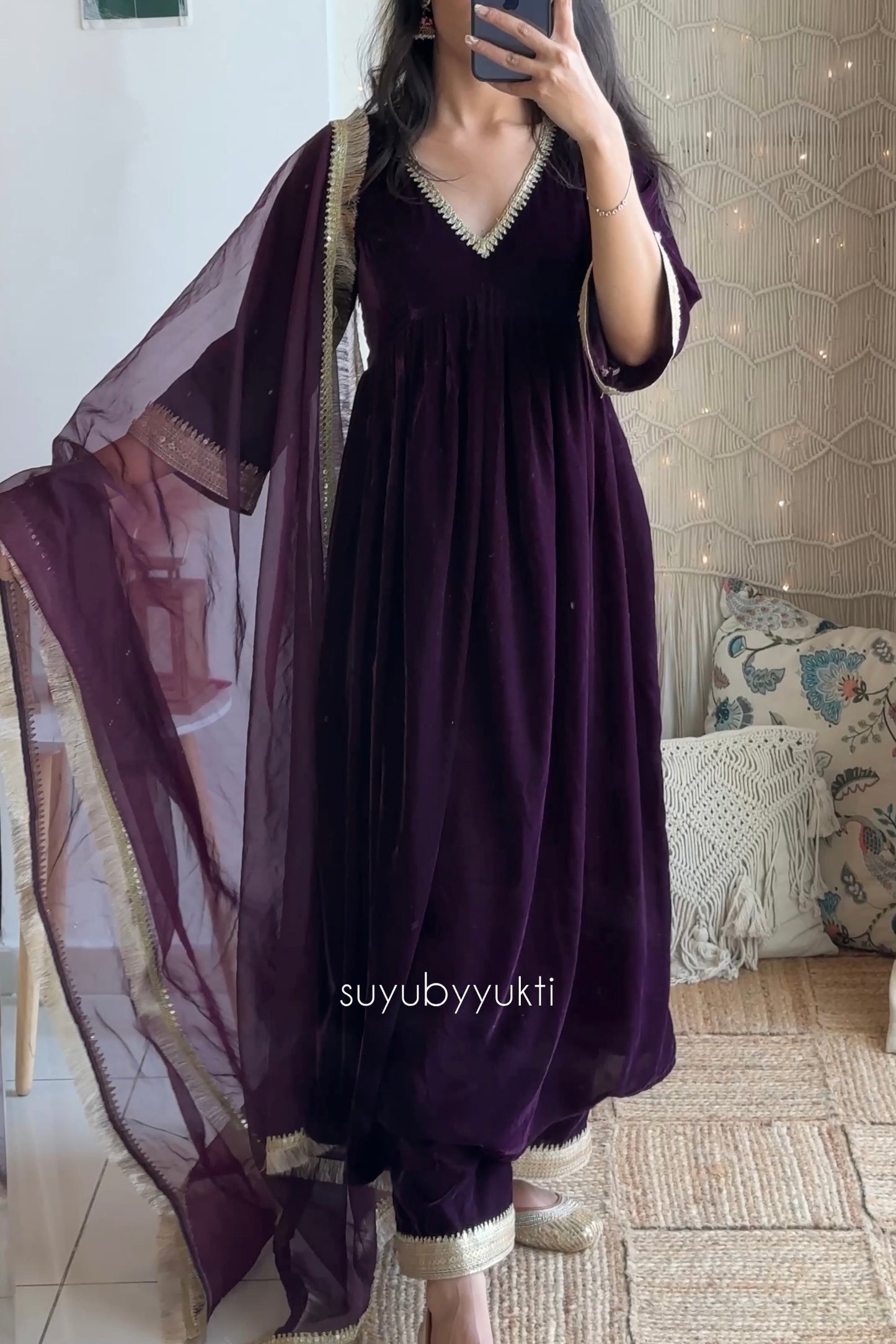 Wine Velvet Anarkali Set