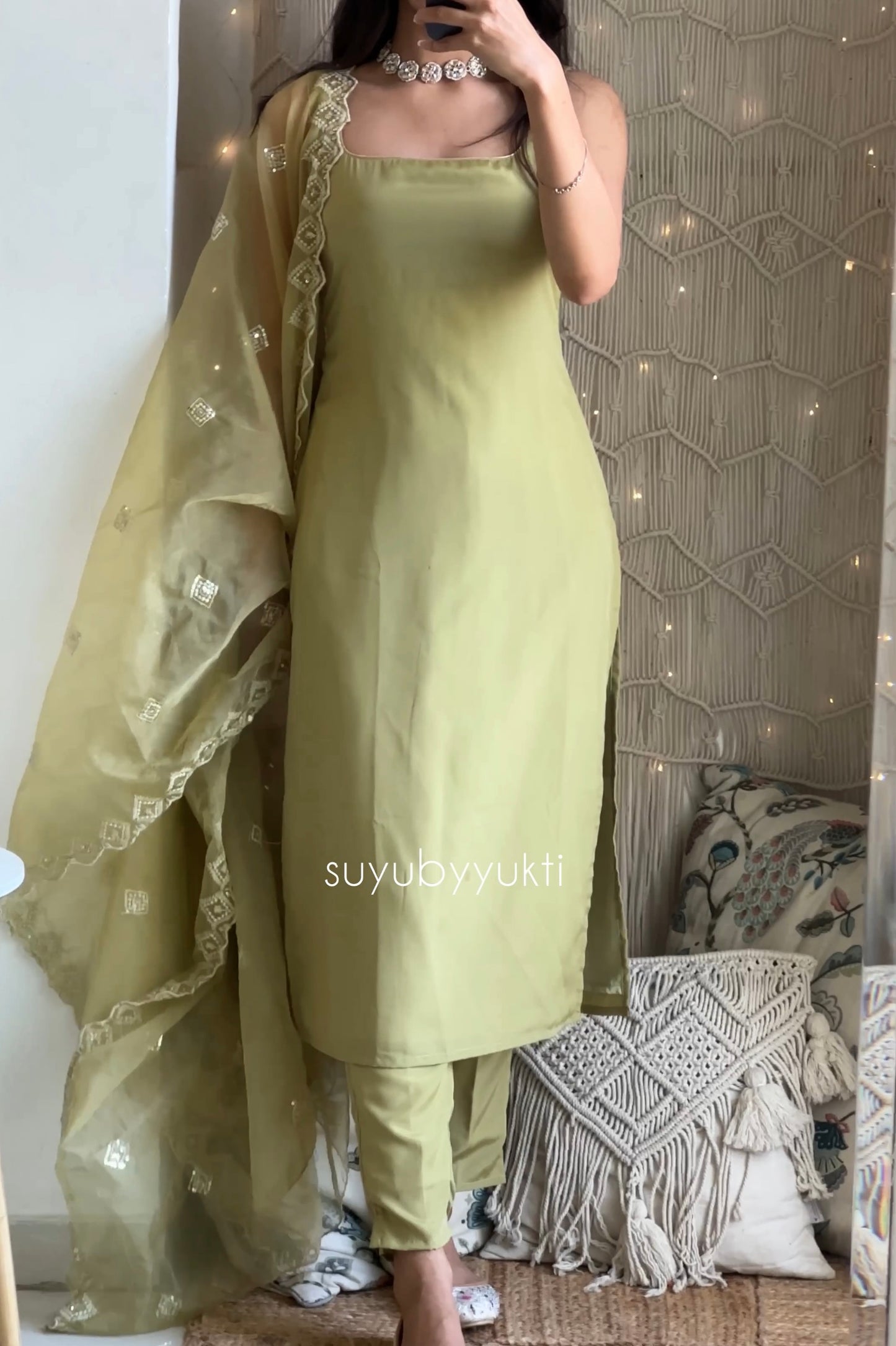 Olive Green Crepe Kurta Set