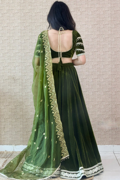 Mehendi Green Velvet Lehenga Set