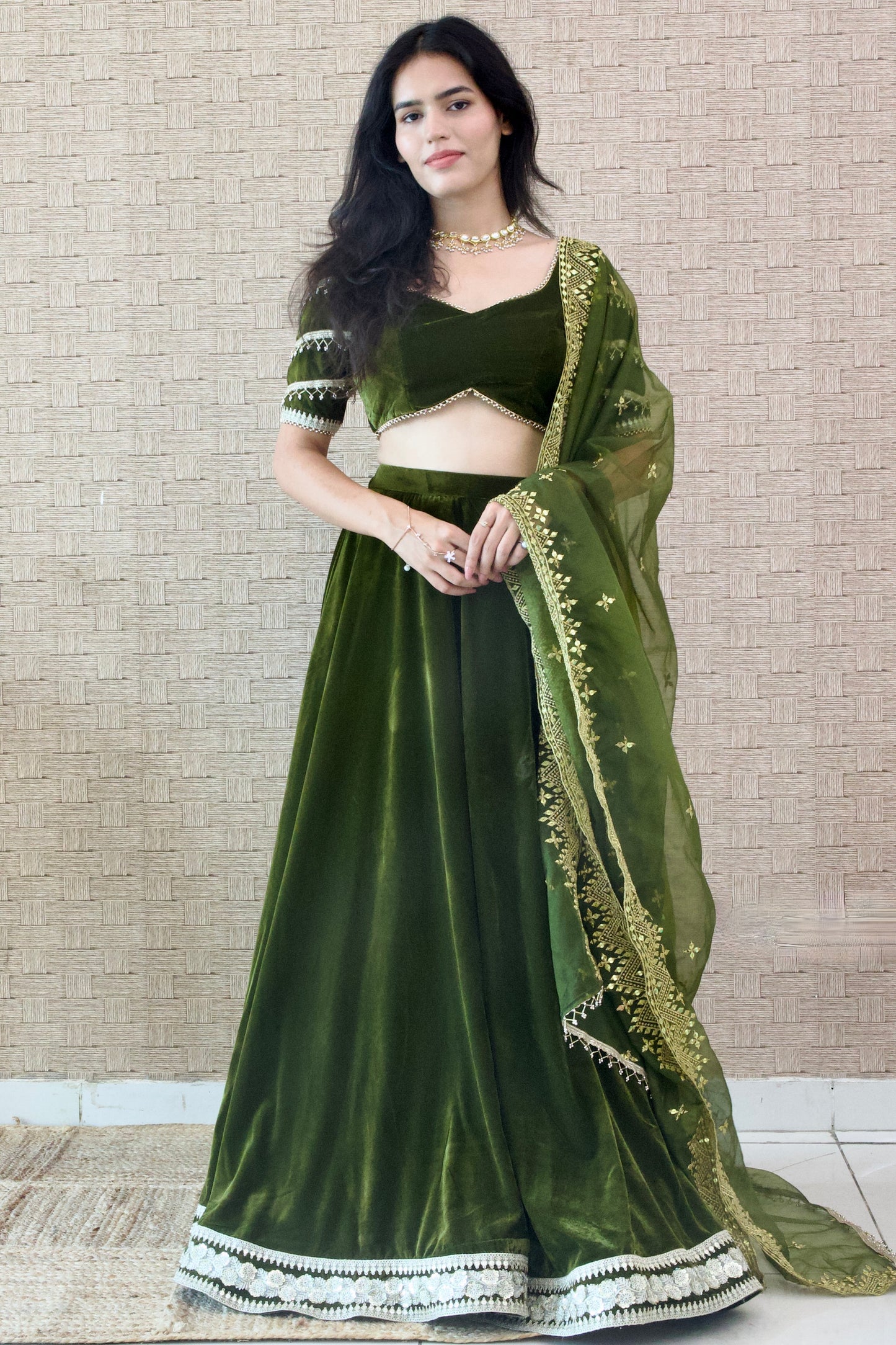 Mehendi Green Velvet Lehenga Set