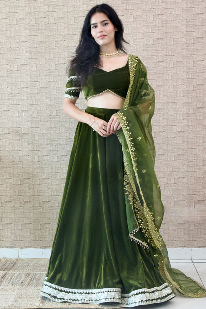 Mehendi Green Velvet Lehenga Set
