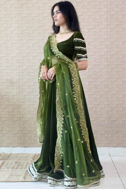Mehendi Green Velvet Lehenga Set