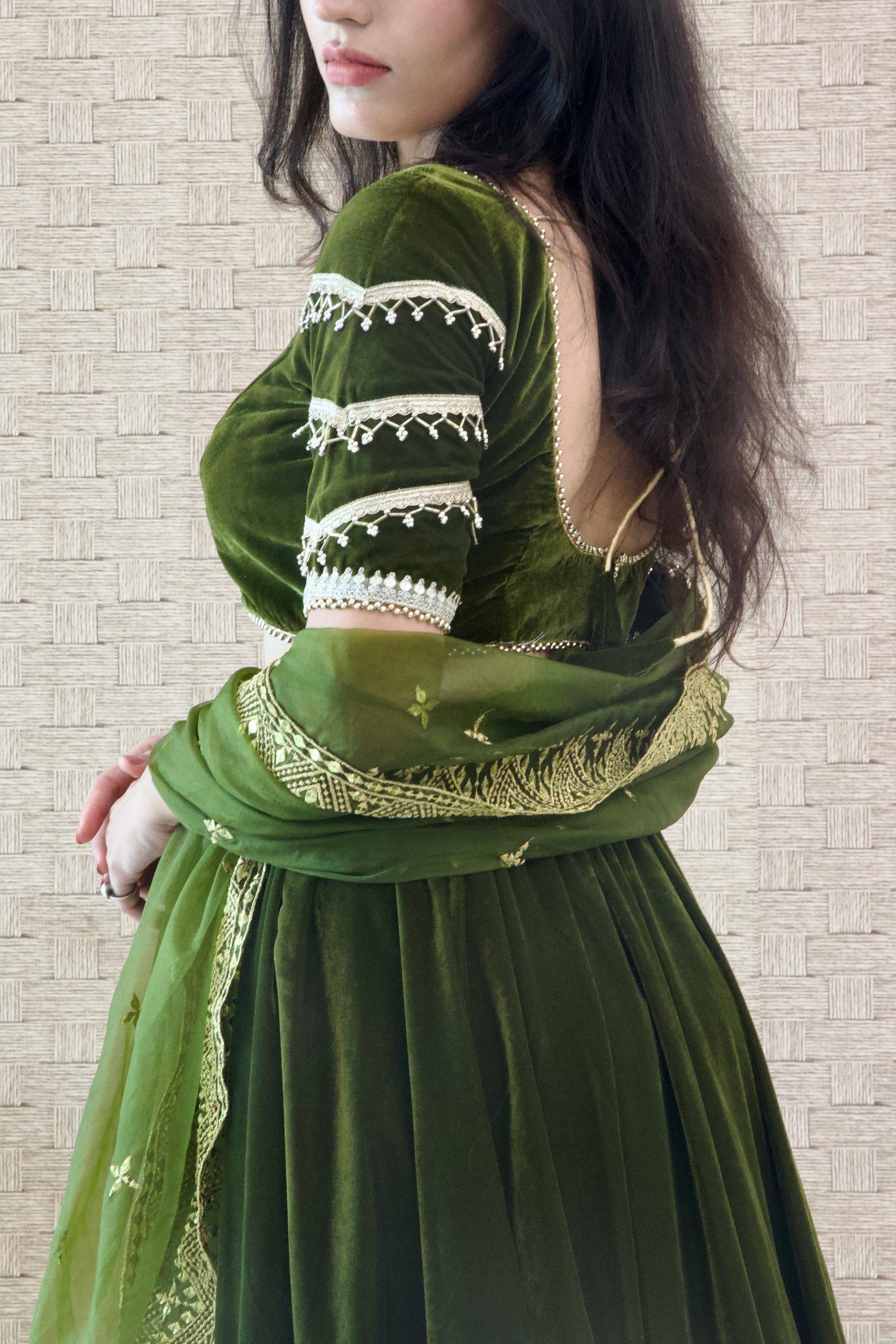 Mehendi Green Velvet Lehenga Set SuYu by Yukti Mehendi Green Velvet Lehenga Set SuYu by Yukti