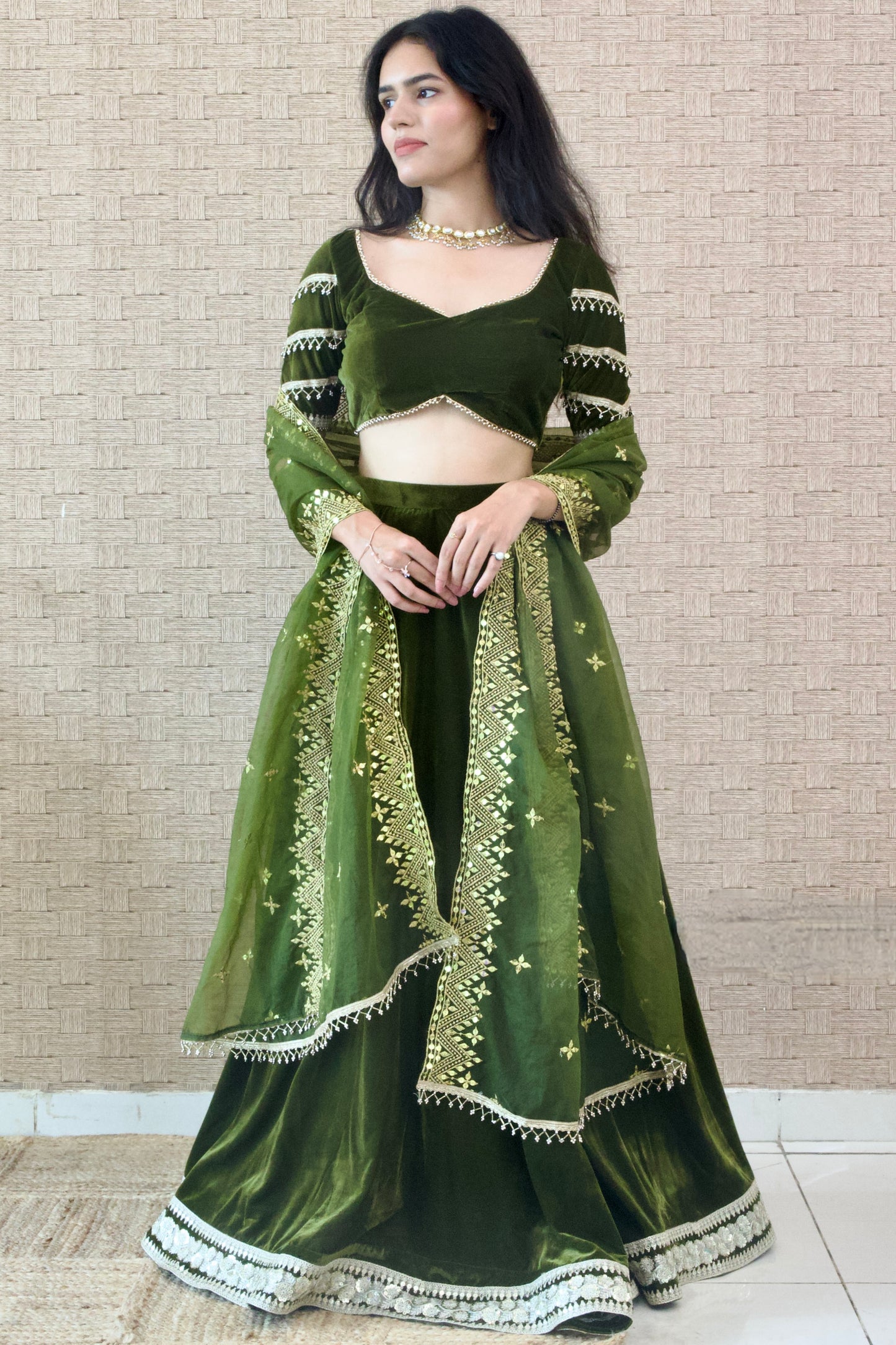 Mehendi Green Velvet Lehenga Set