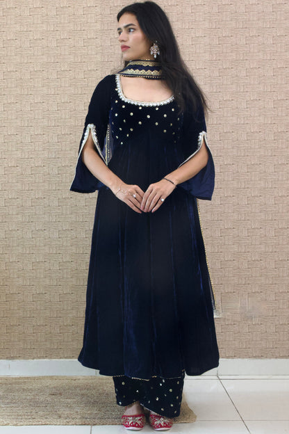 Navy Blue Velvet Embroidered Anarkali se