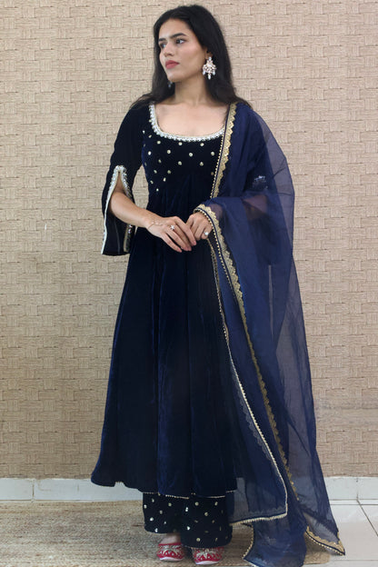 Navy Blue Velvet Embroidered Anarkali se