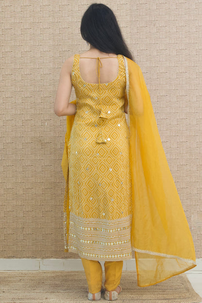 Mustard Yellow Embroidered Silk Kurta Set