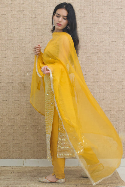 Mustard Yellow Embroidered Silk Kurta Set