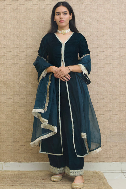 Teal Blue Velvet Kurta Set
