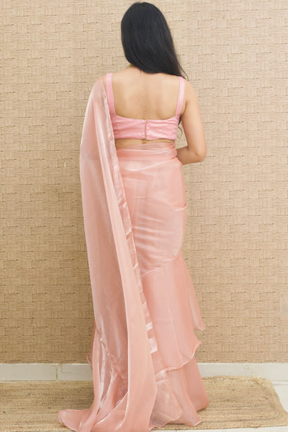 Blush Pink Organza Ruffle Saree
