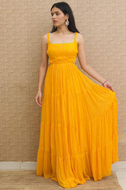 Mustard Yellow Lurex Georgette Tiered Dress