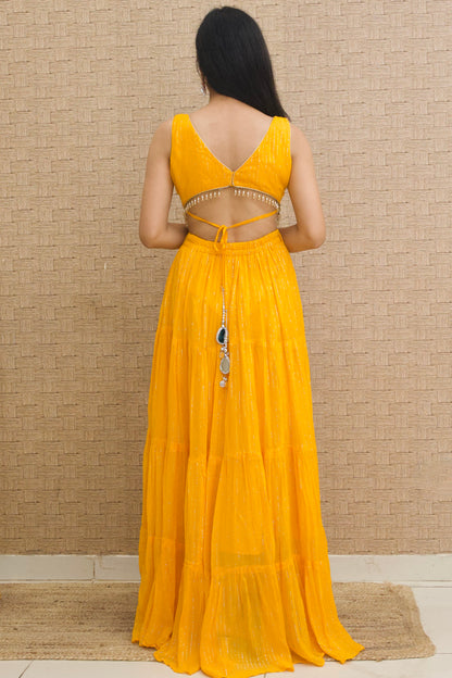 Mustard Yellow Lurex Georgette Tiered Dress