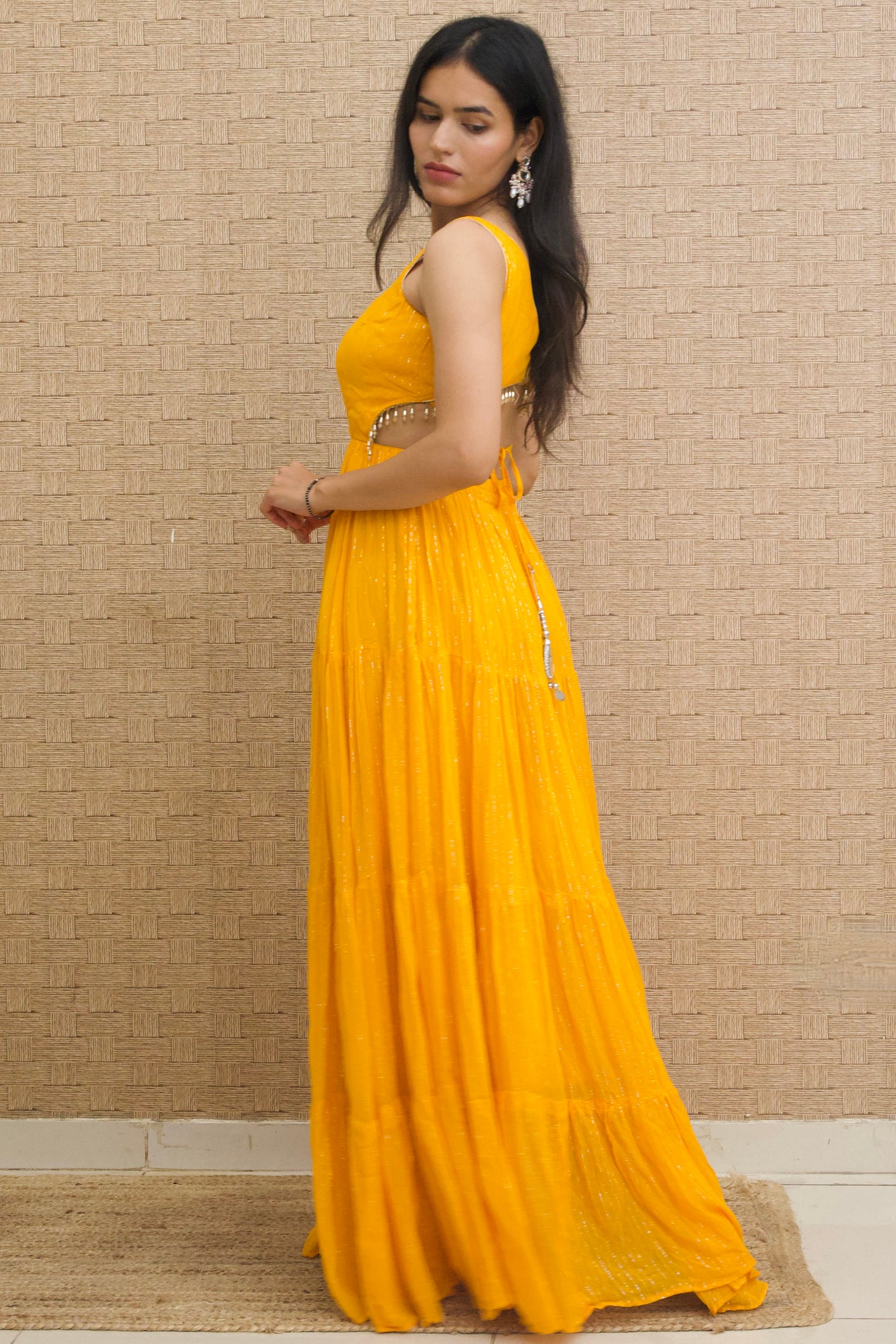Mustard Yellow Lurex Georgette Tiered Dress