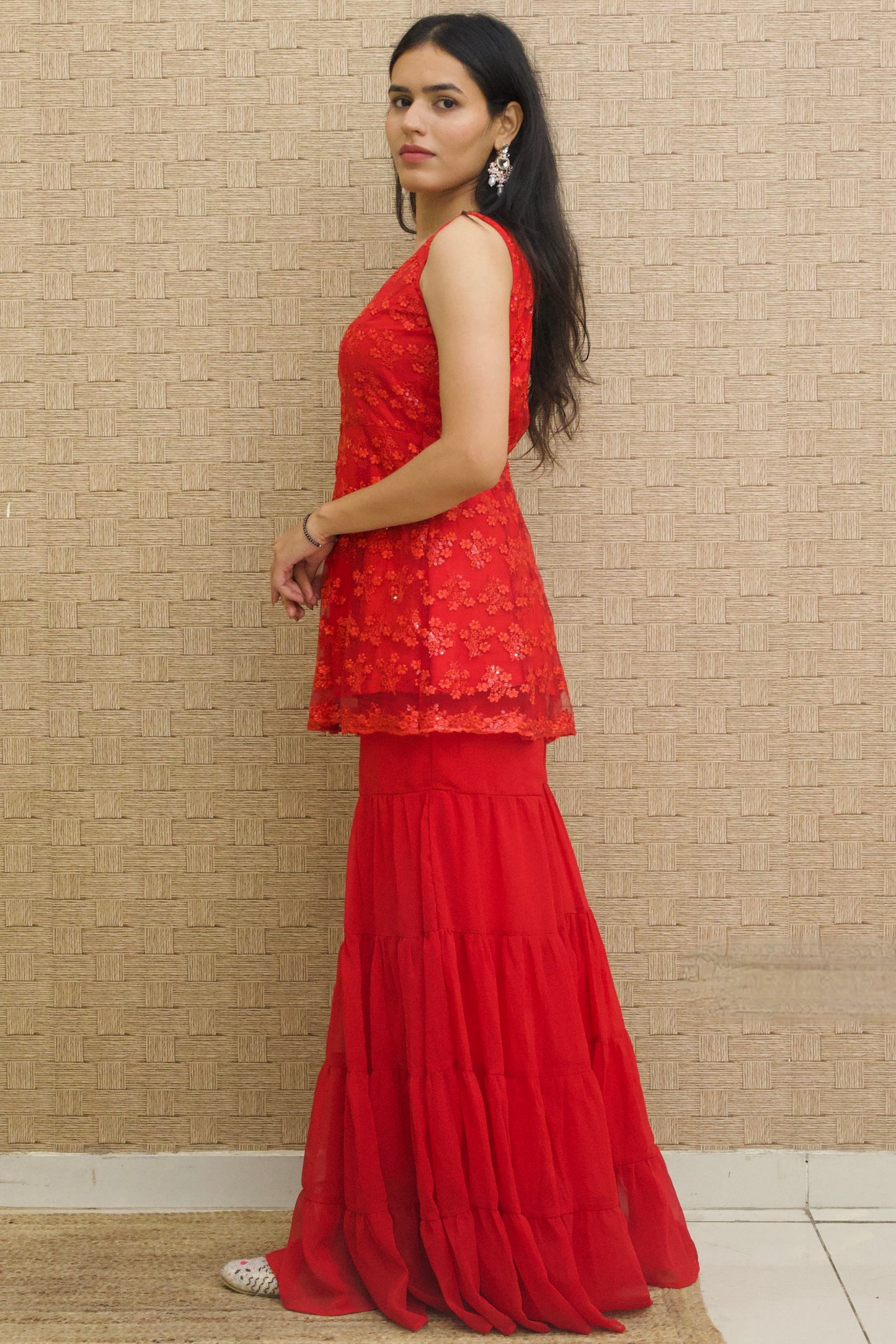 Red Georgette Kurta Sharara (Set of 2)