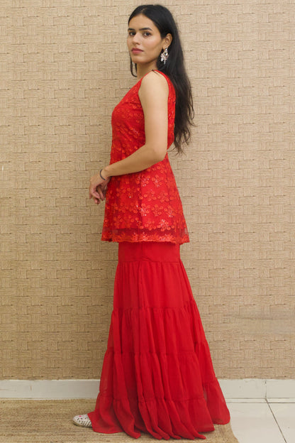Red Georgette Kurta Sharara (Set of 2)